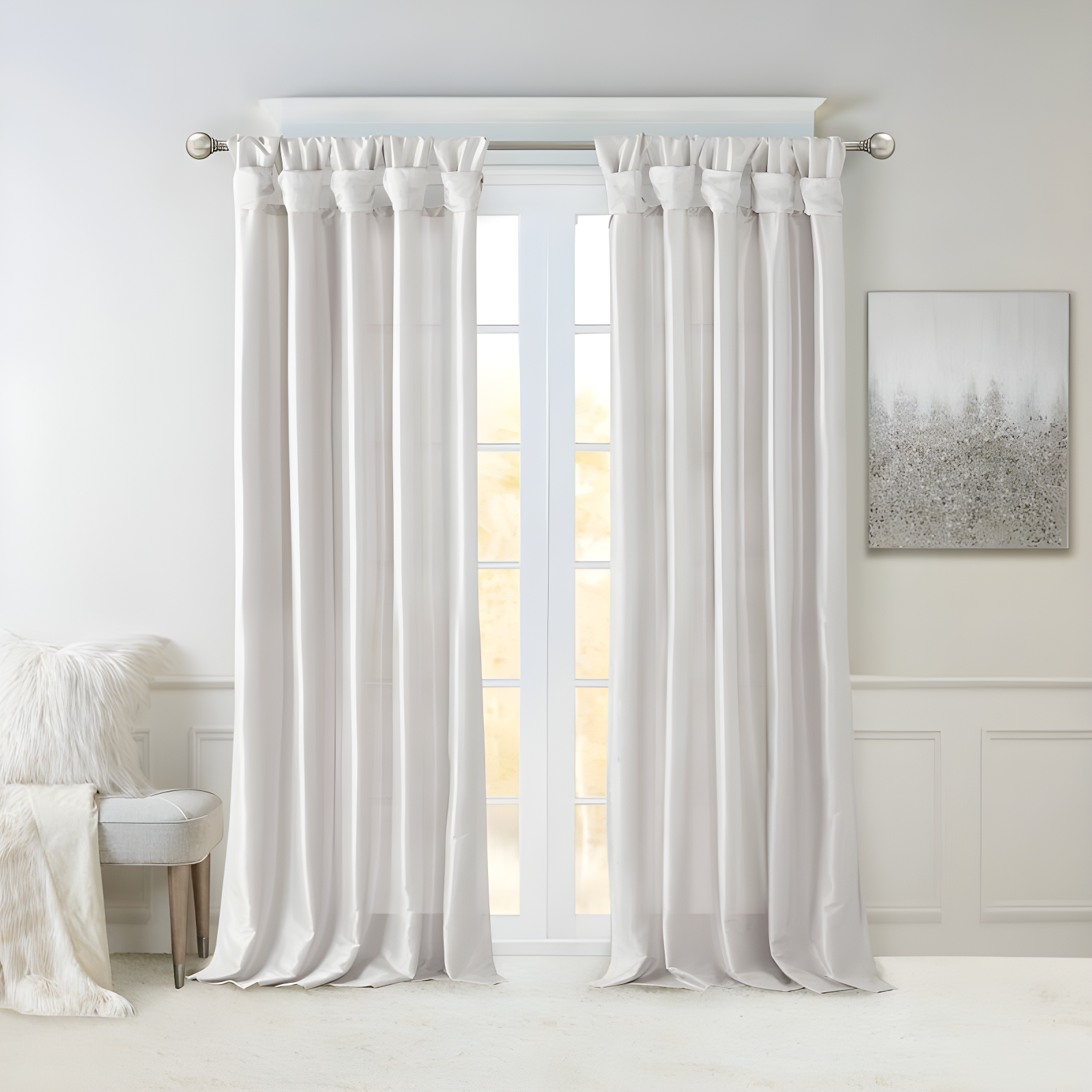 Silver Faux Silk Room-Darkening Tab Top Curtain Panel