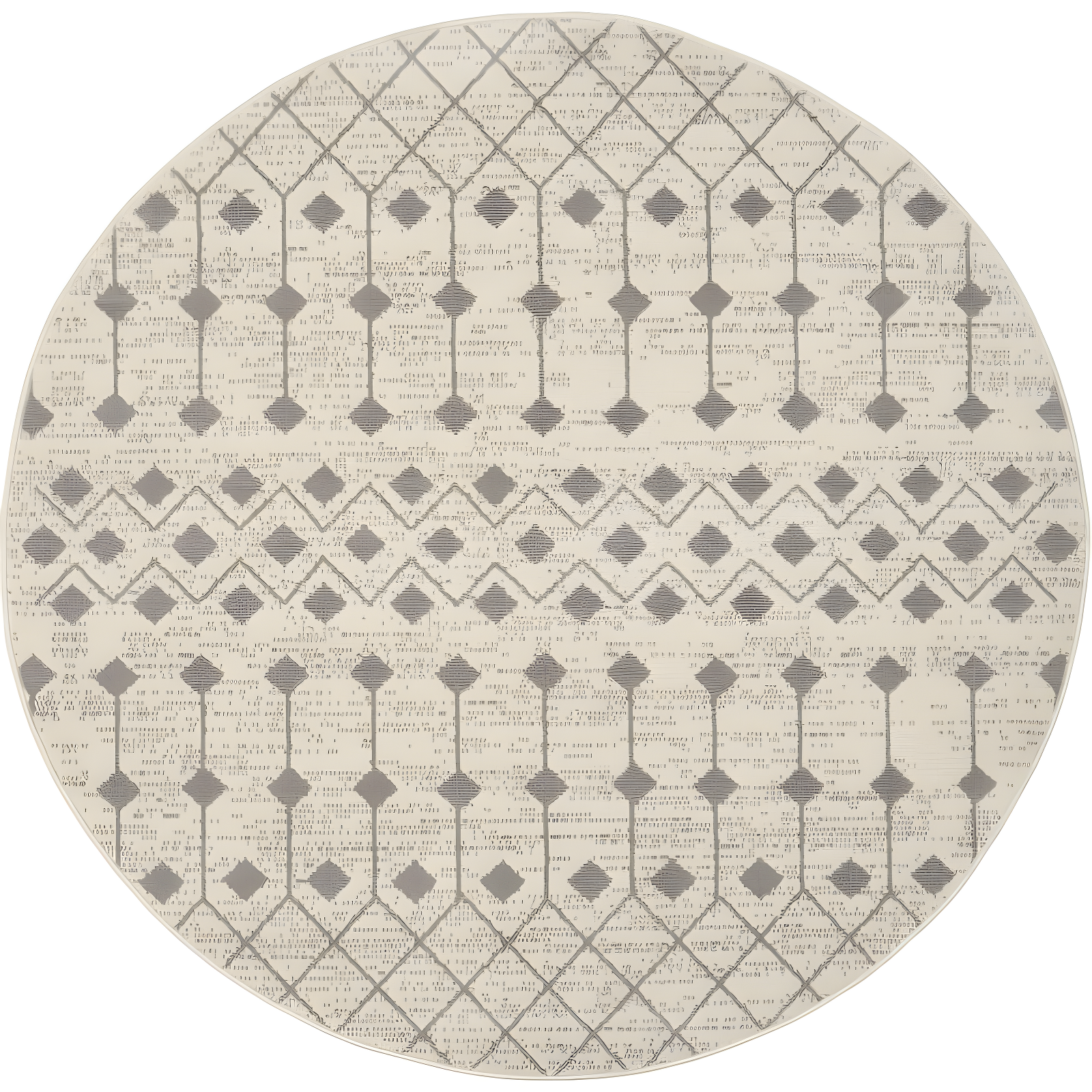 Ivory and Grey Geometric Round Synthetic Area Rug, 63"