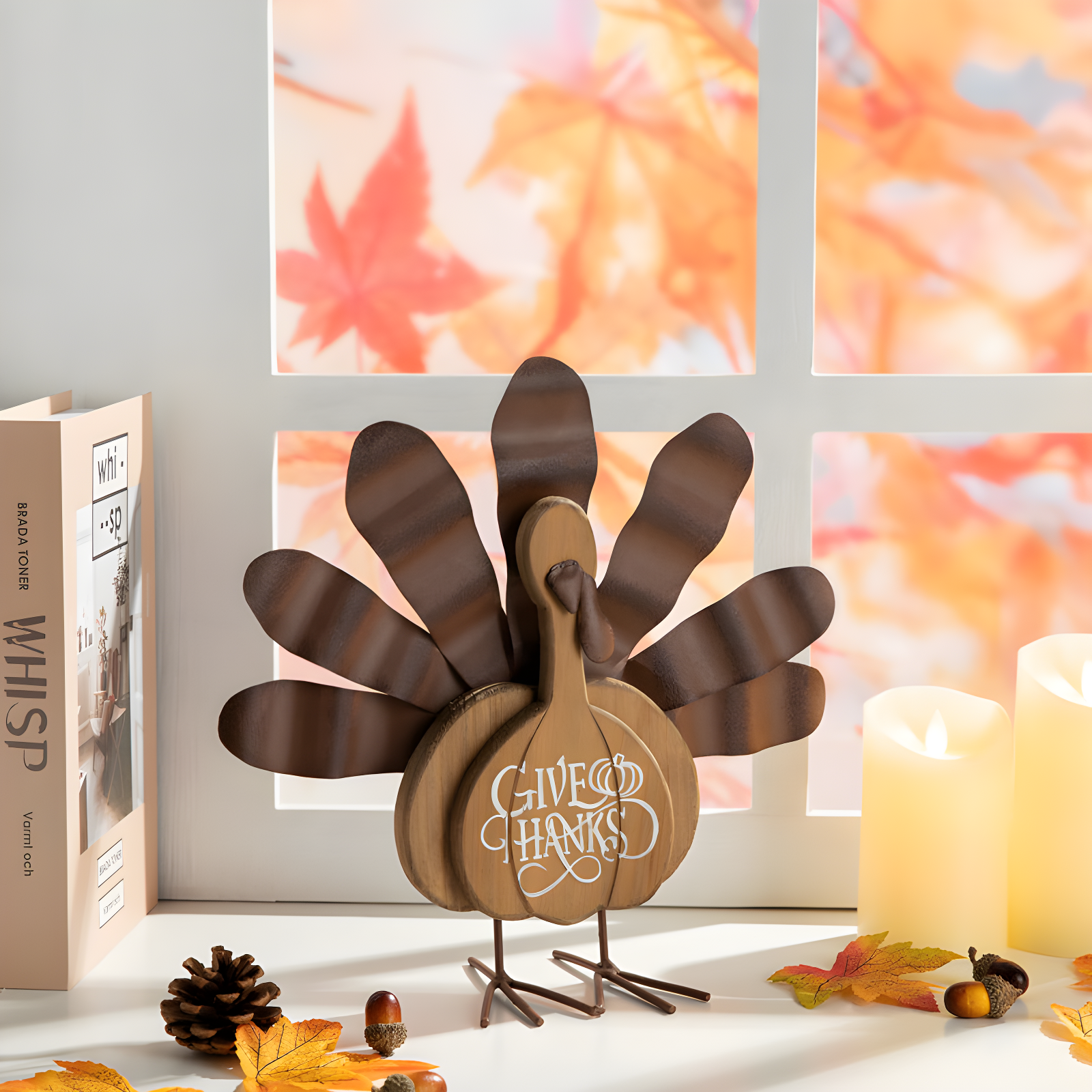 Rustic Brown Wood and Metal Thanksgiving Turkey Figurine