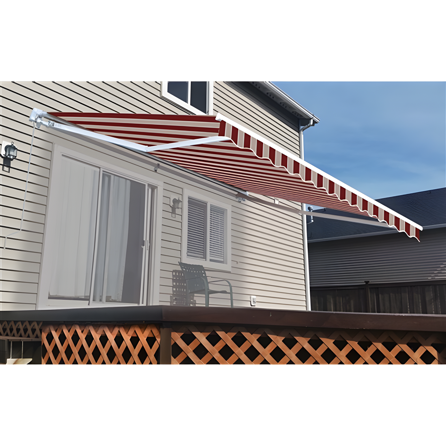 Red and White Striped Motorized Retractable Patio Awning