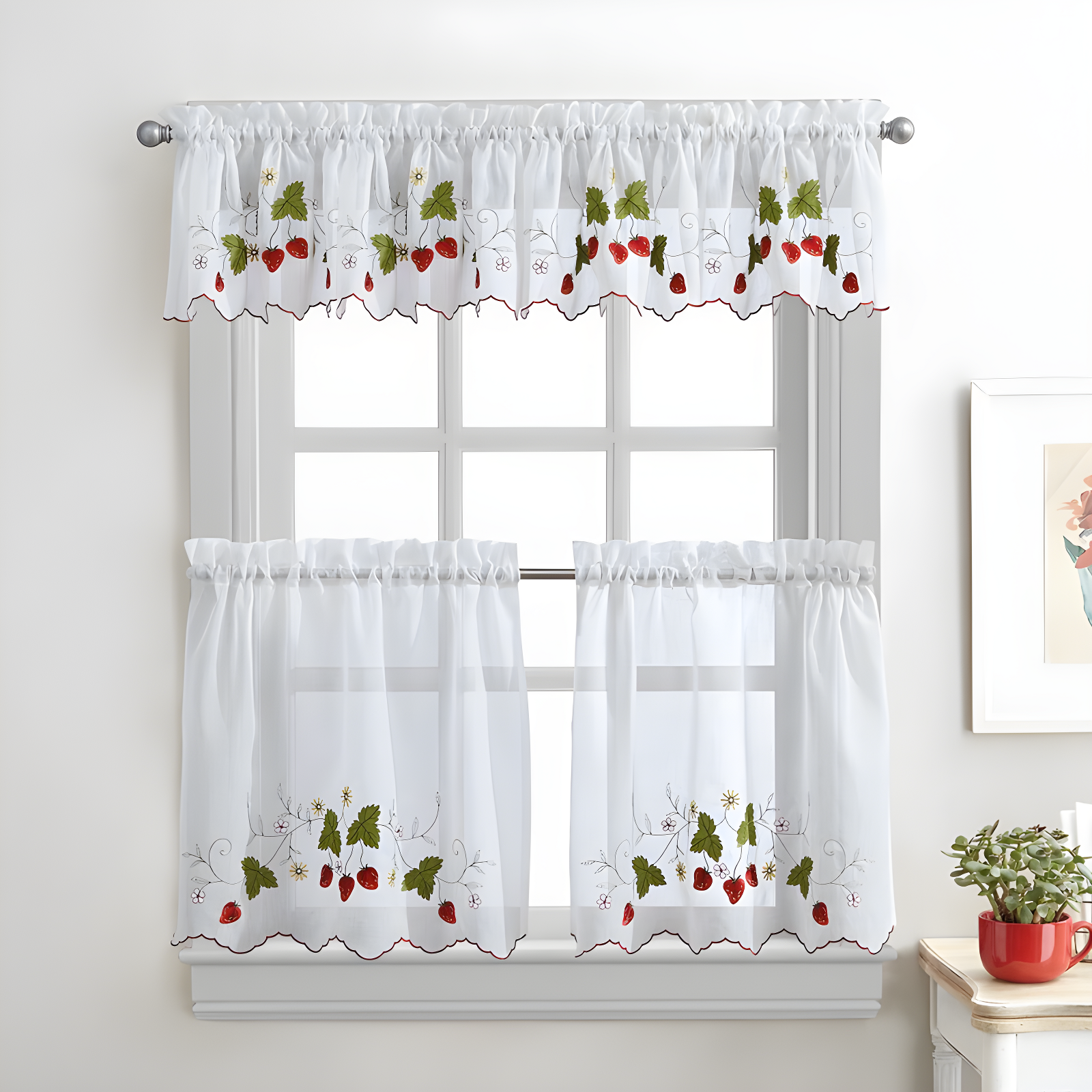 Strawberry Garden Red Floral Embroidered Tier Curtains