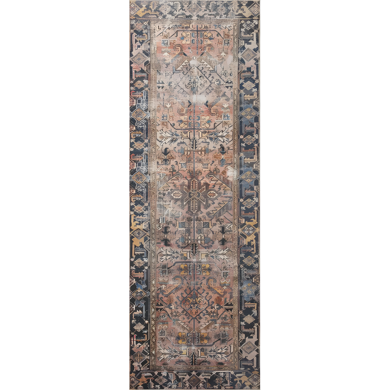 Ivory and Terracotta Vintage Runner Rug with Synthetic Fibers