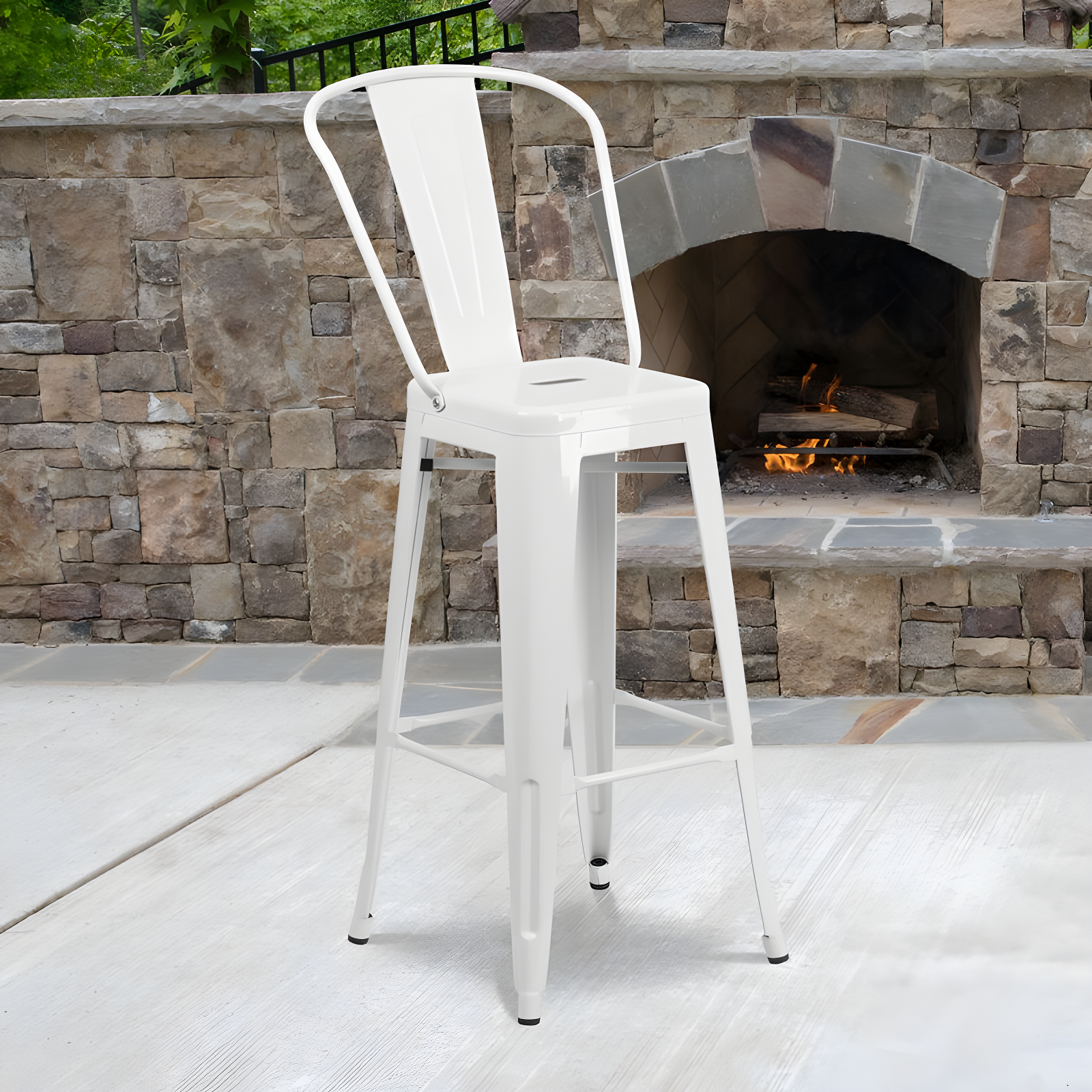 White Metal 30" Indoor/Outdoor Barstool with Slat Back