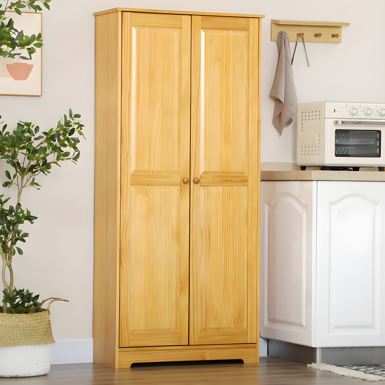 67" Natural Pinewood Freestanding Kitchen Pantry Cabinet