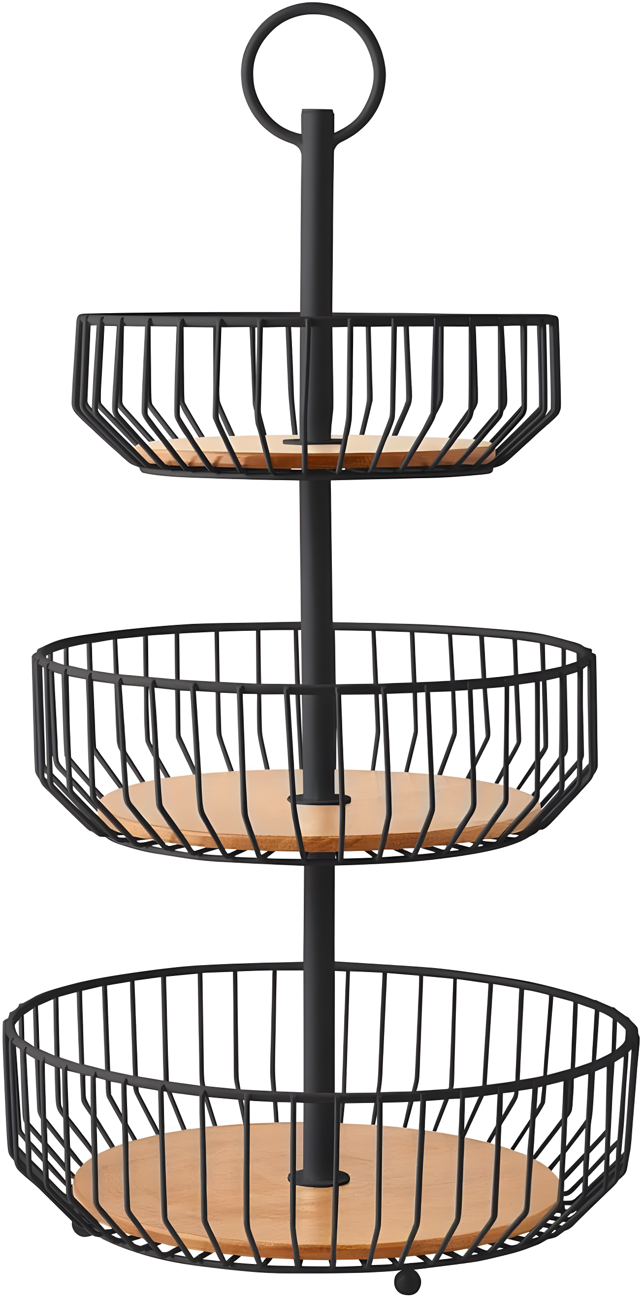 Black Iron and Wood 3-Tier Pedestal Basket Stand