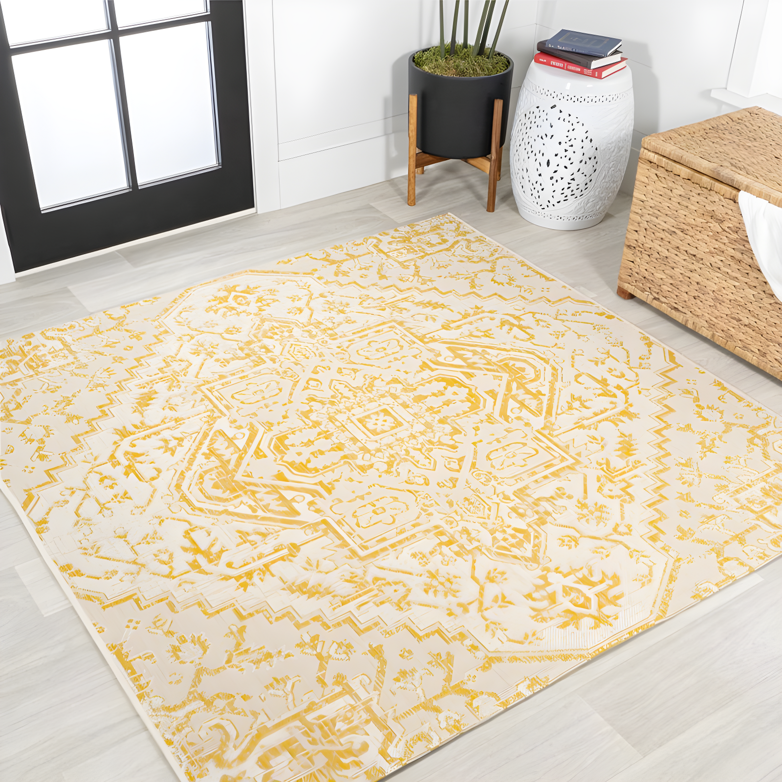 Bohemian Star Medallion Cream/Yellow Square Indoor/Outdoor Rug