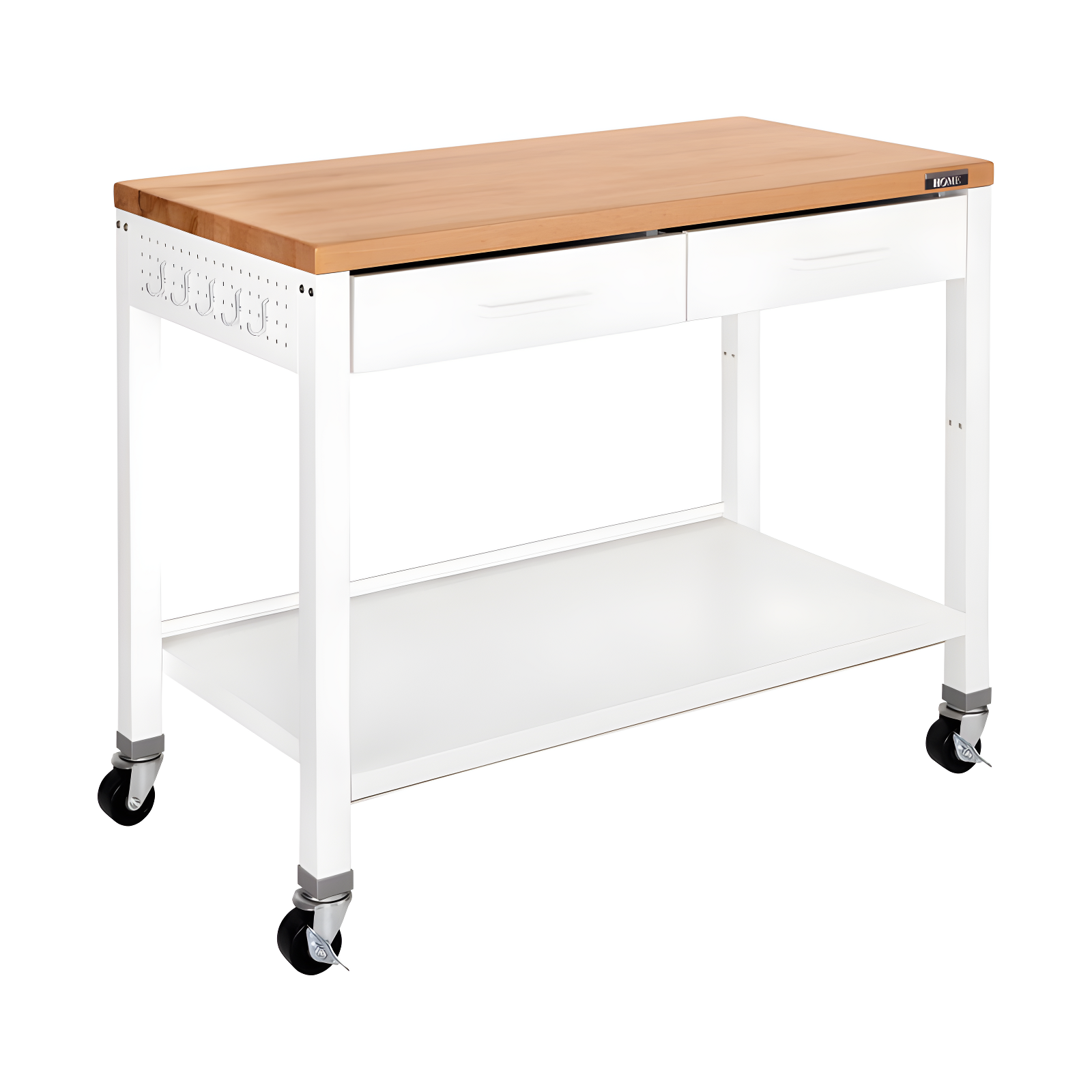 White Steel Work Center Kitchen Island with Wood Top