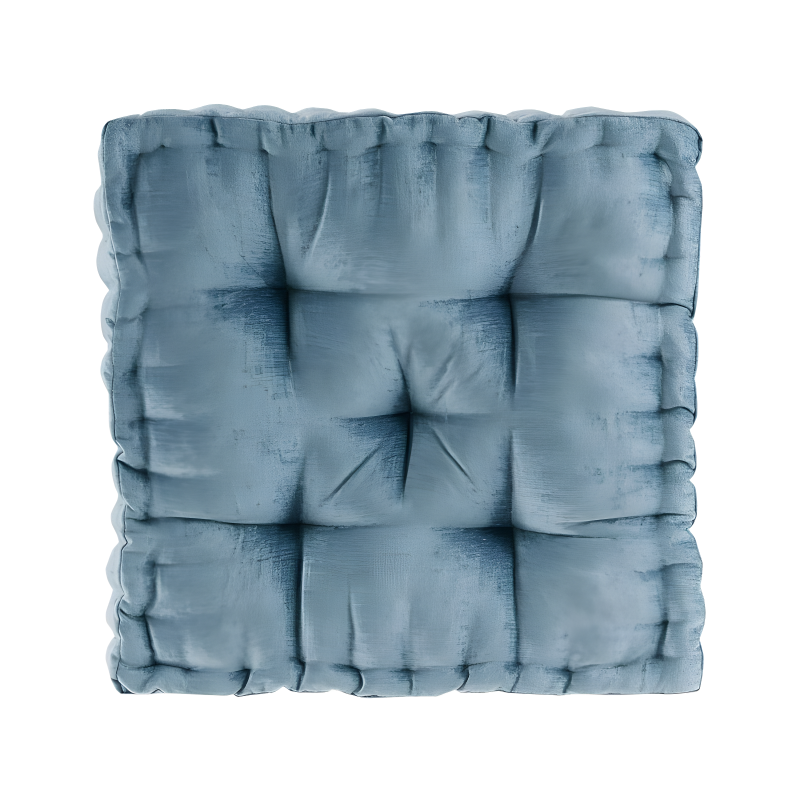 Aqua Chenille Tufted Square Floor Cushion with Scalloped Edge