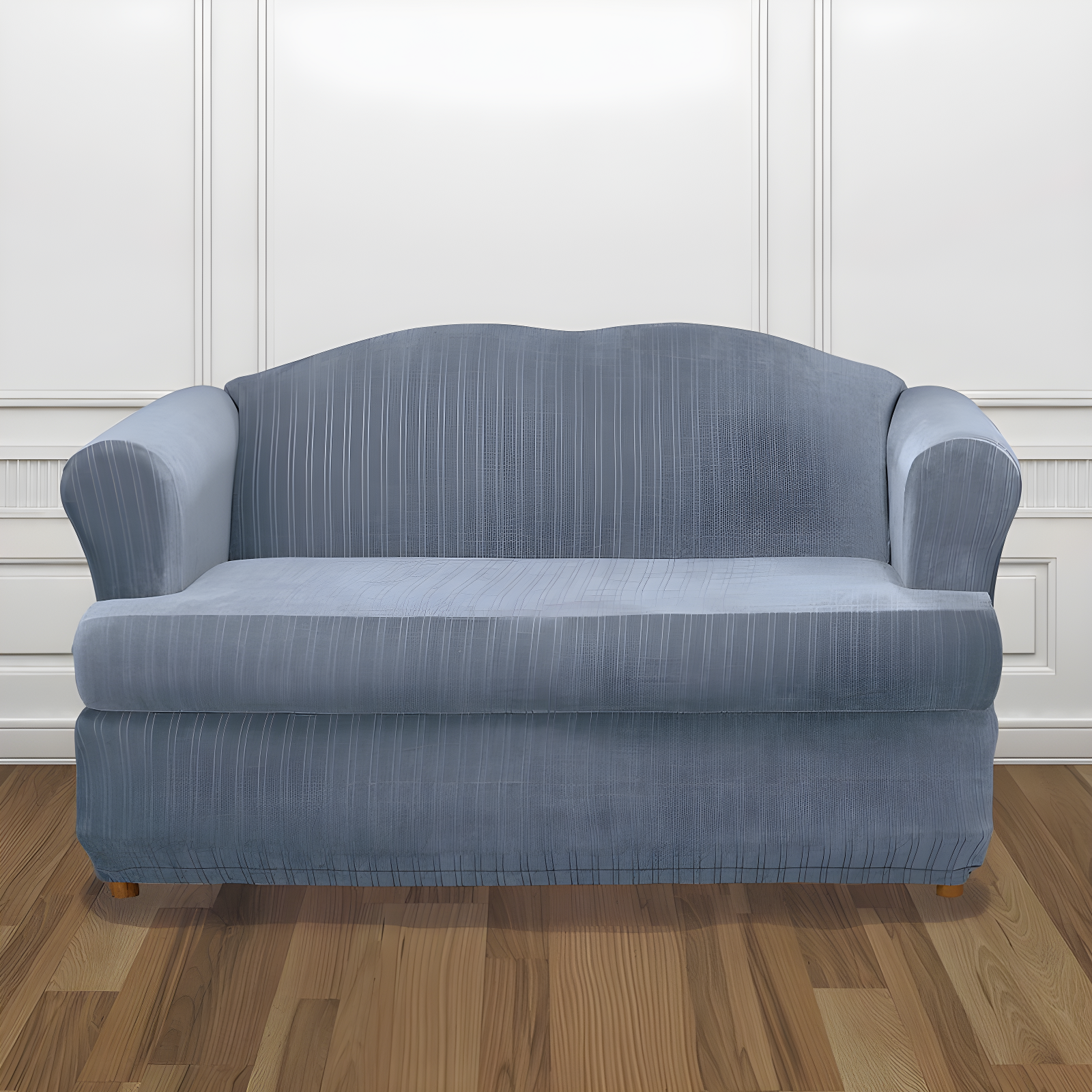 French Blue Stretch Pinstripe T-Cushion Loveseat Slipcover