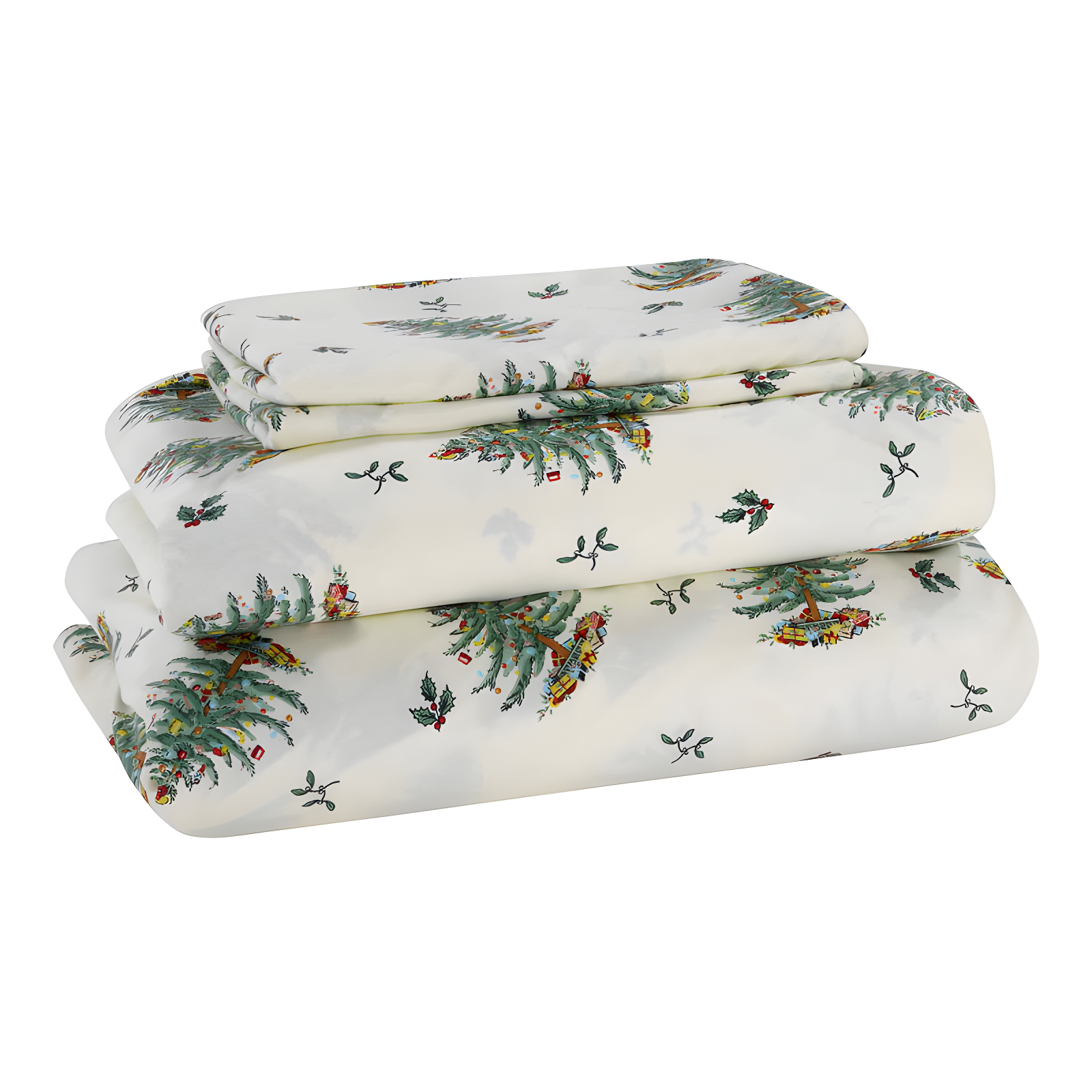 Ivory Christmas Tree Print Queen Flannel Sheet Set