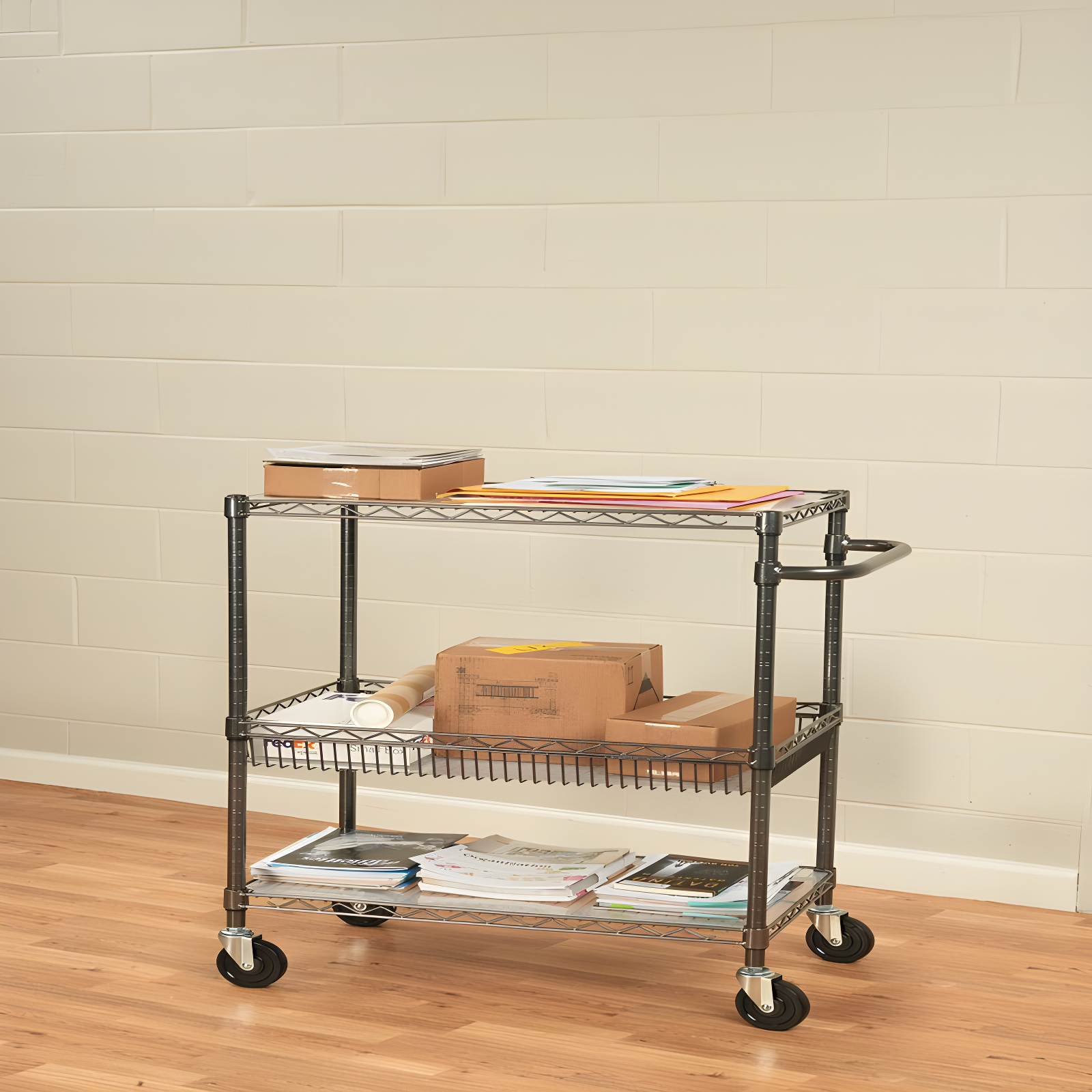 Anthracite Black Welded Wire Three-Tier Utility Cart with Wheels