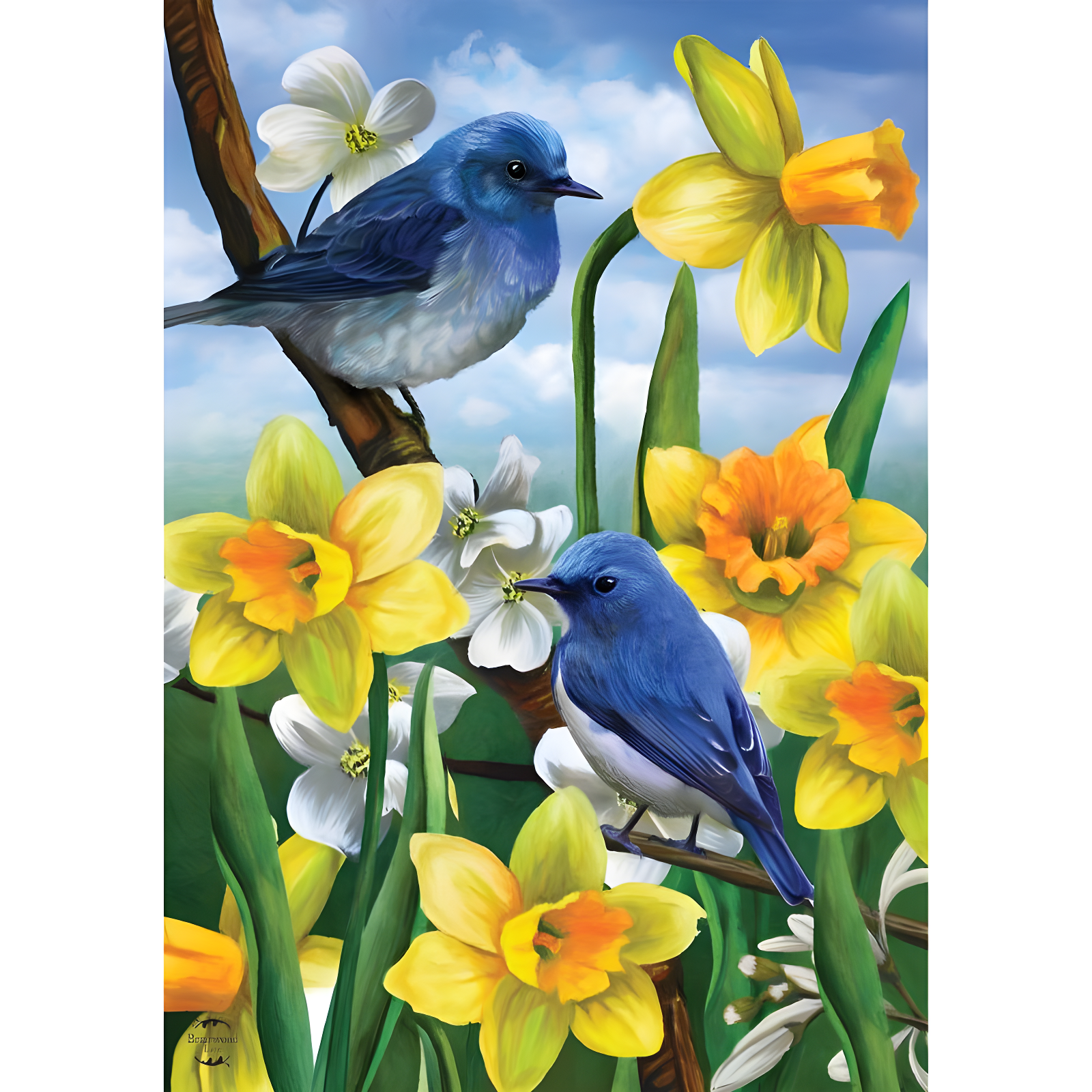 Bluebirds and Daffodils Spring Polyester House Flag