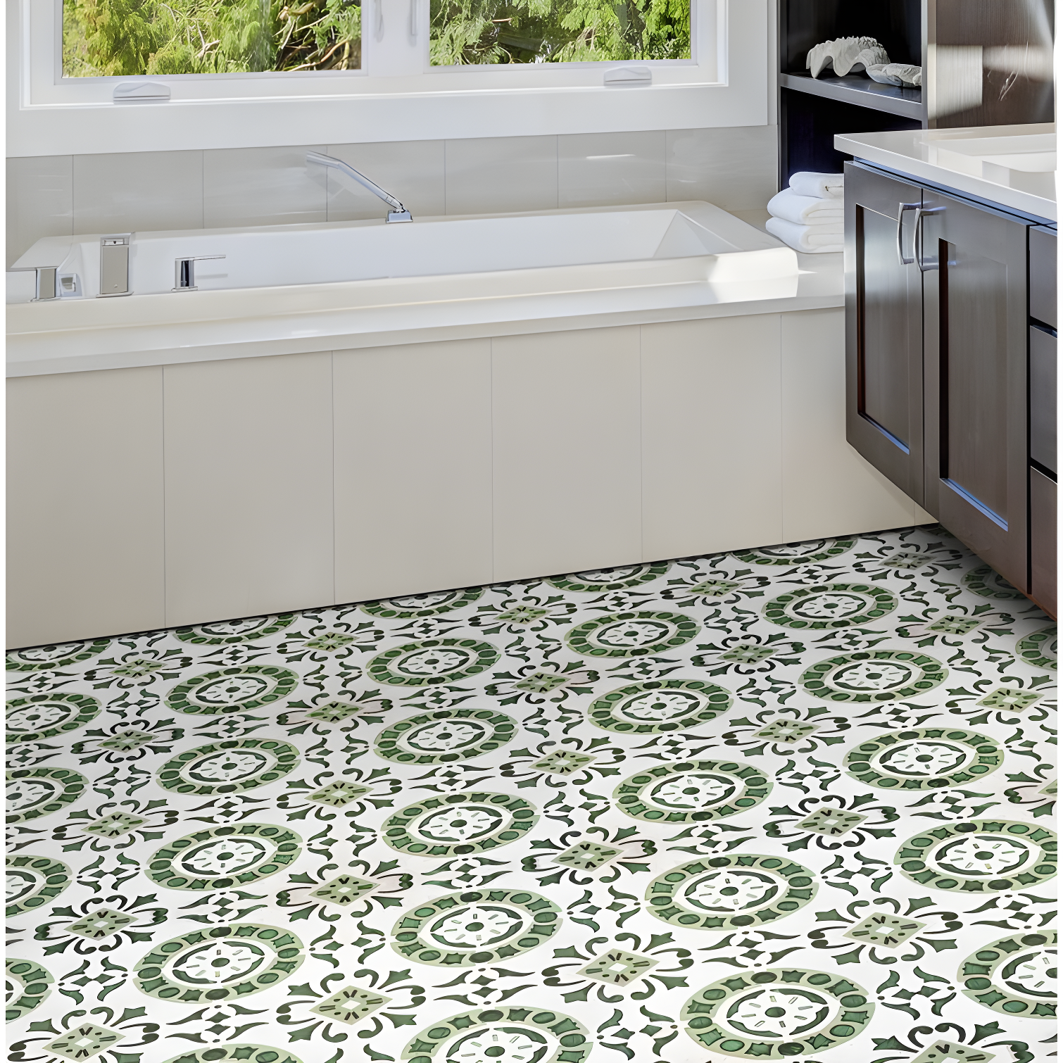 Green Medallion Self-Adhesive Vinyl Floor Tiles, 12" x 12", 20 Tiles