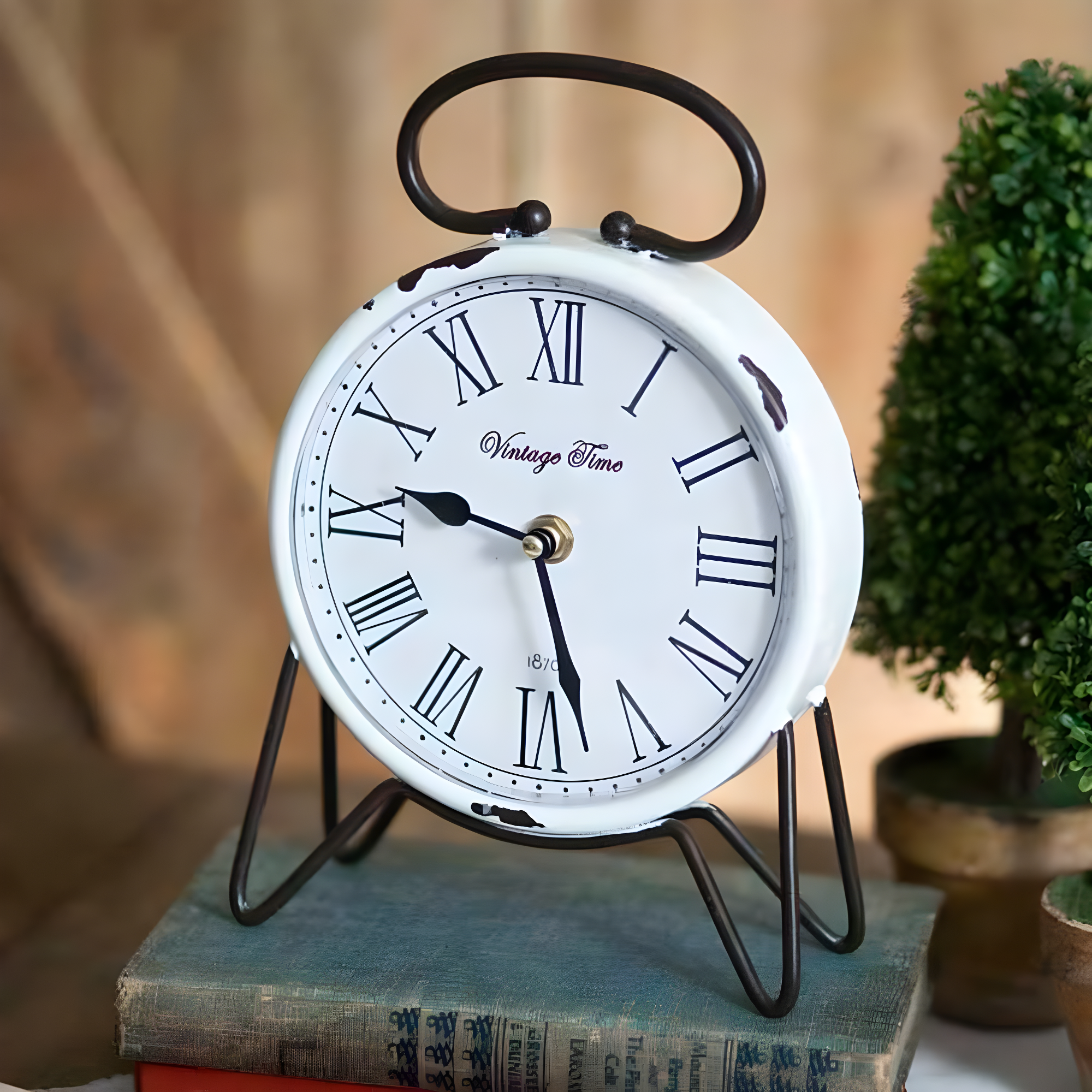 Distressed White Vintage Round Tabletop Clock