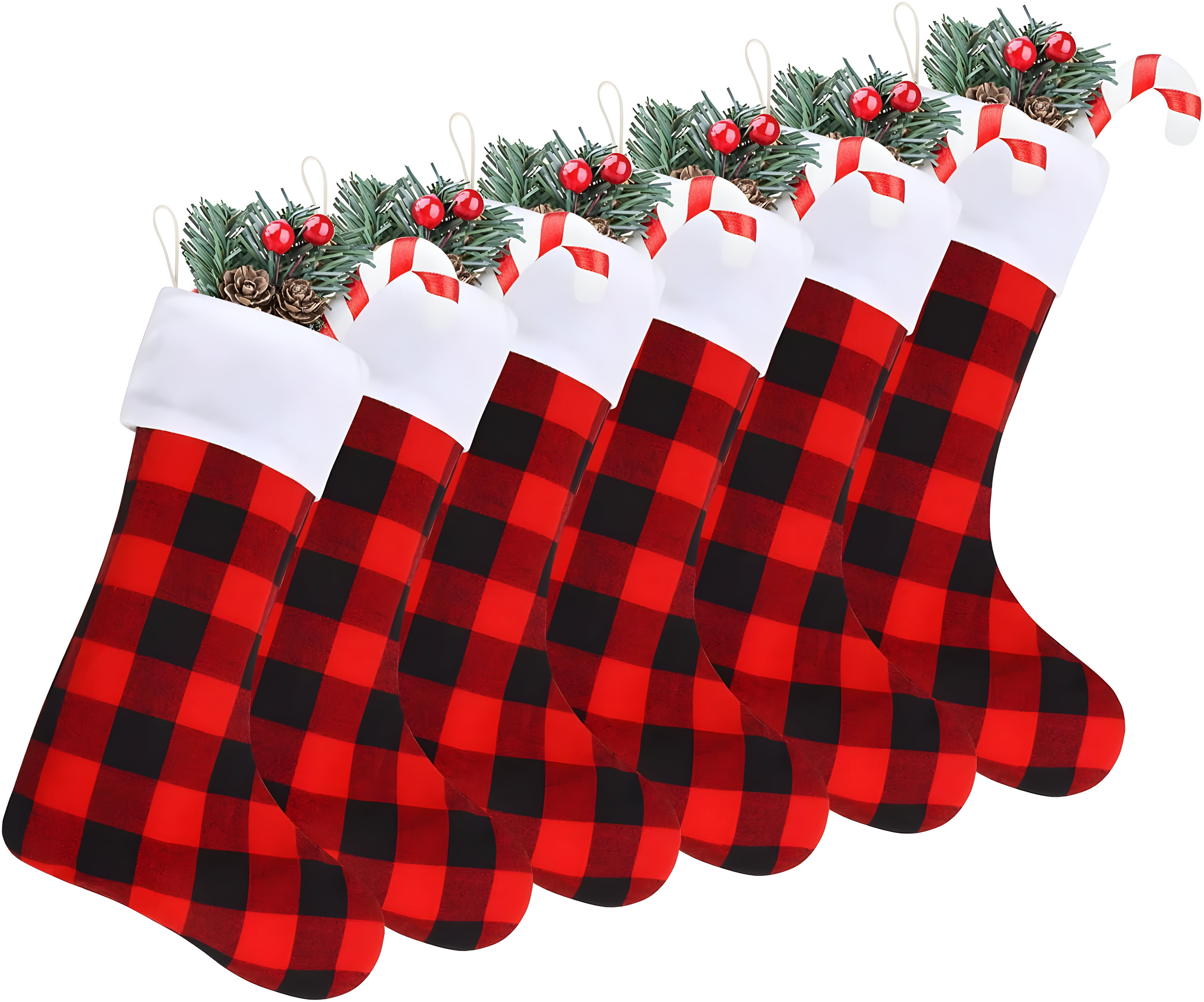 18-Inch Red and Black Buffalo Plaid Christmas Stockings with Plush Cuff, Set of 6