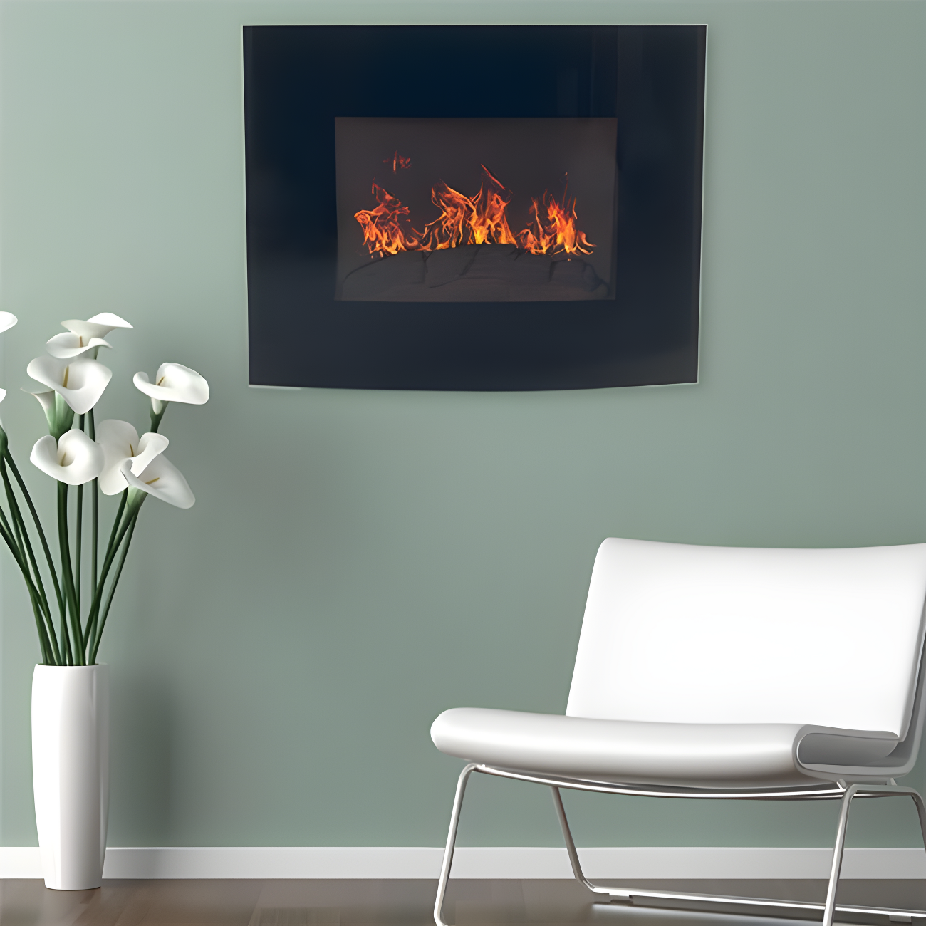 Black Curved Glass Wall Mount Electric Fireplace with Remote