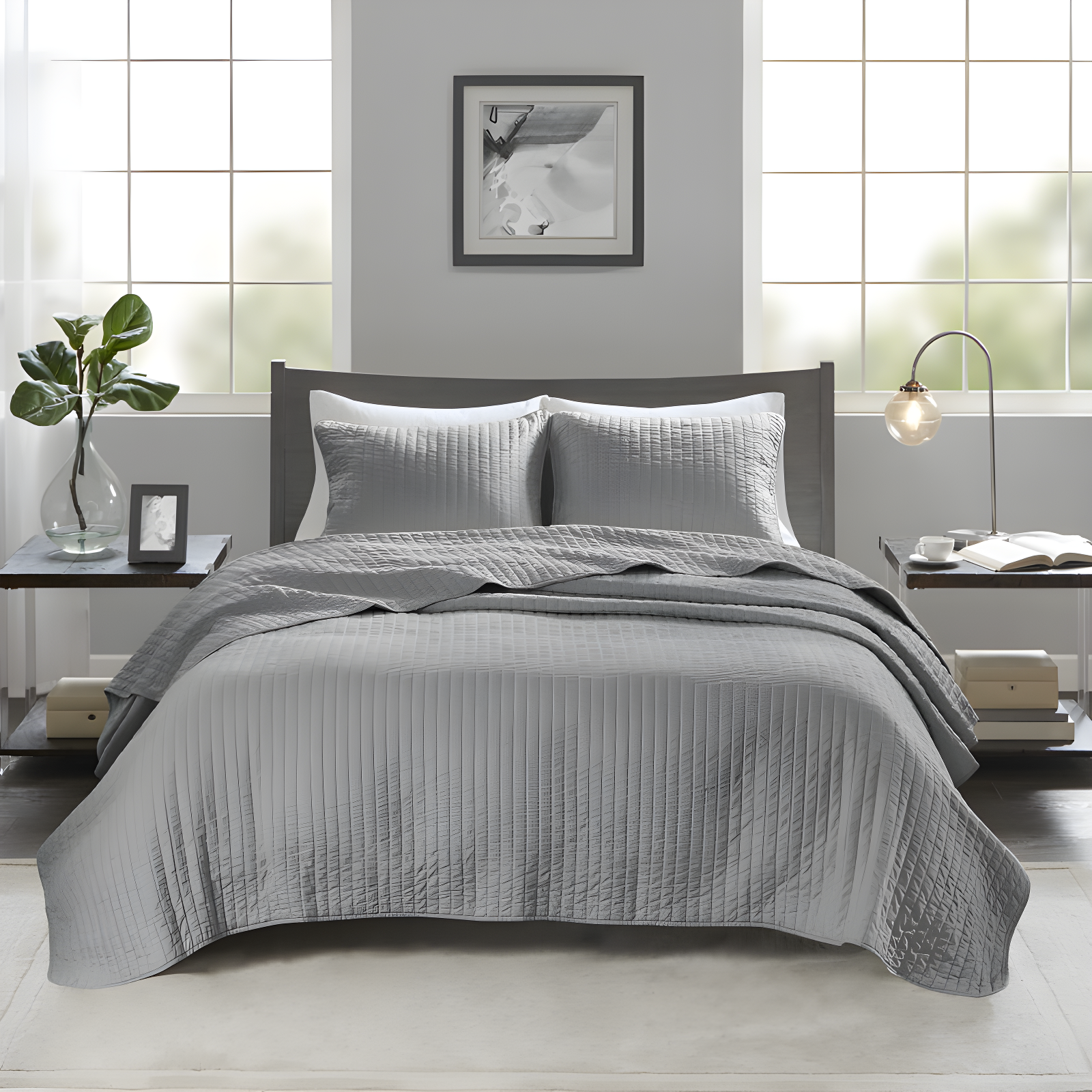 Gray Twin Reversible Microfiber Quilt Set with Cotton Fill