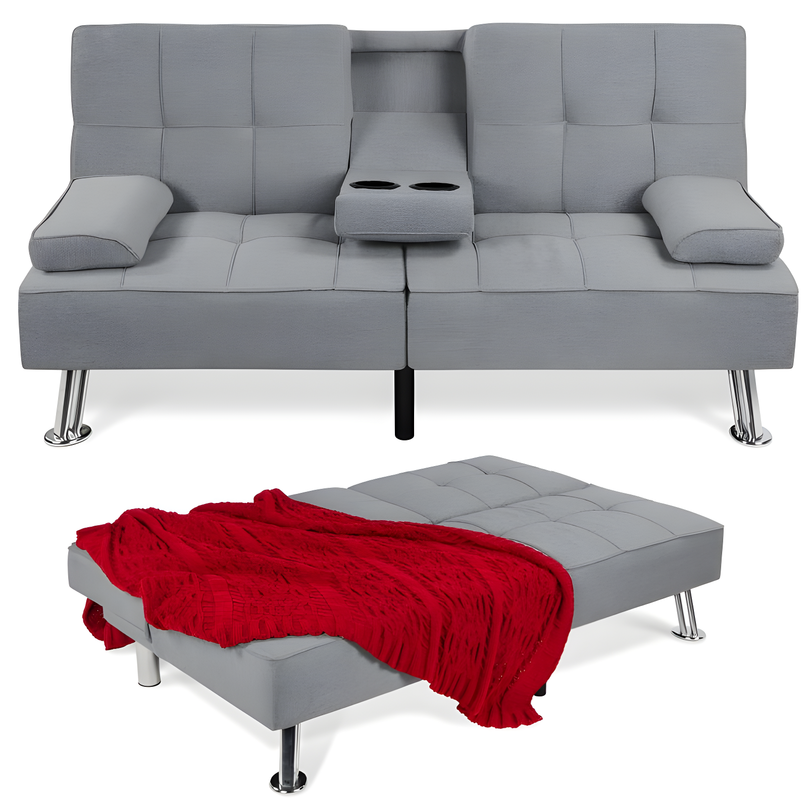 Gray Linen Convertible Sleeper Sofa with Metal Legs and Cupholders