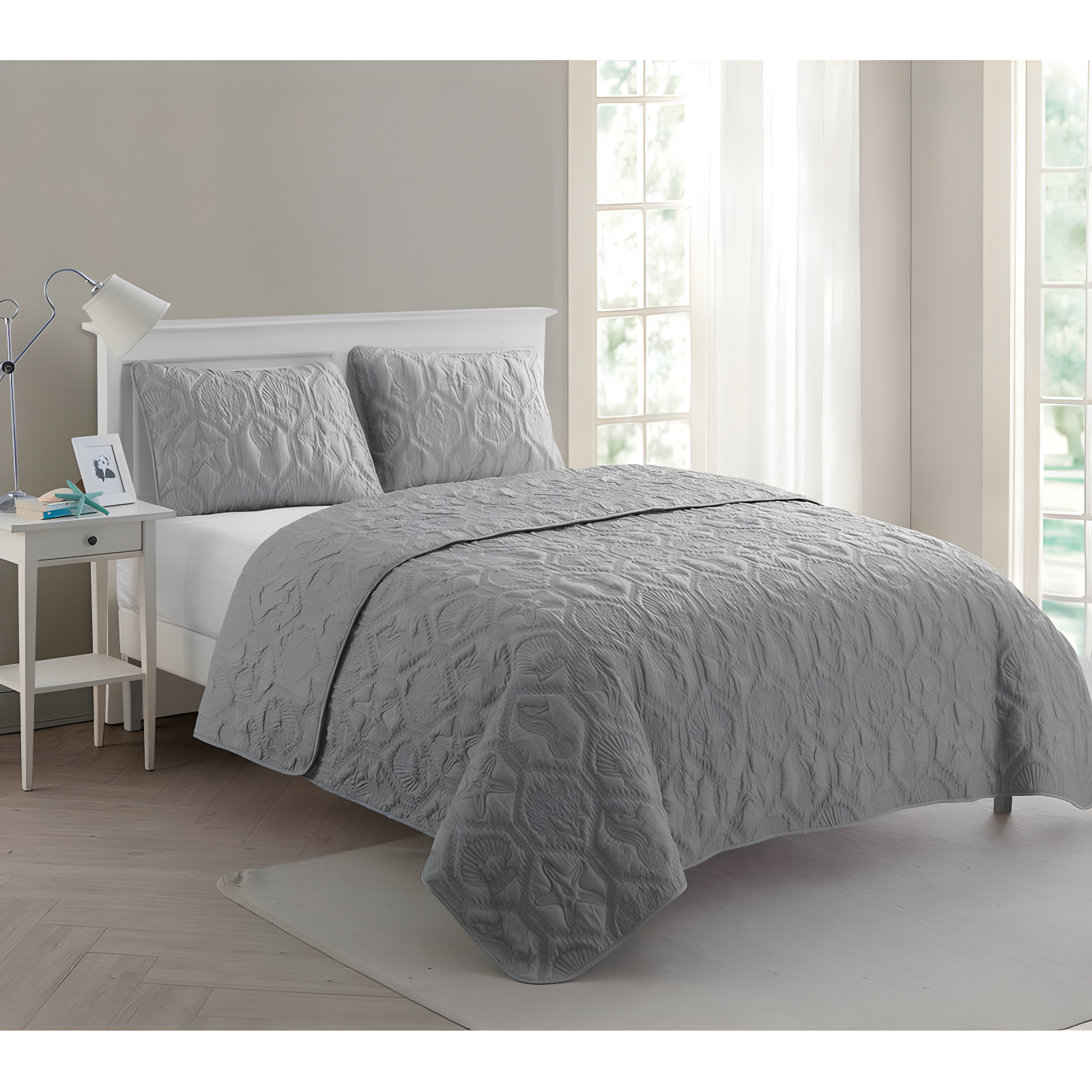 Gray King Reversible Microfiber Quilt Set with Embossed Design