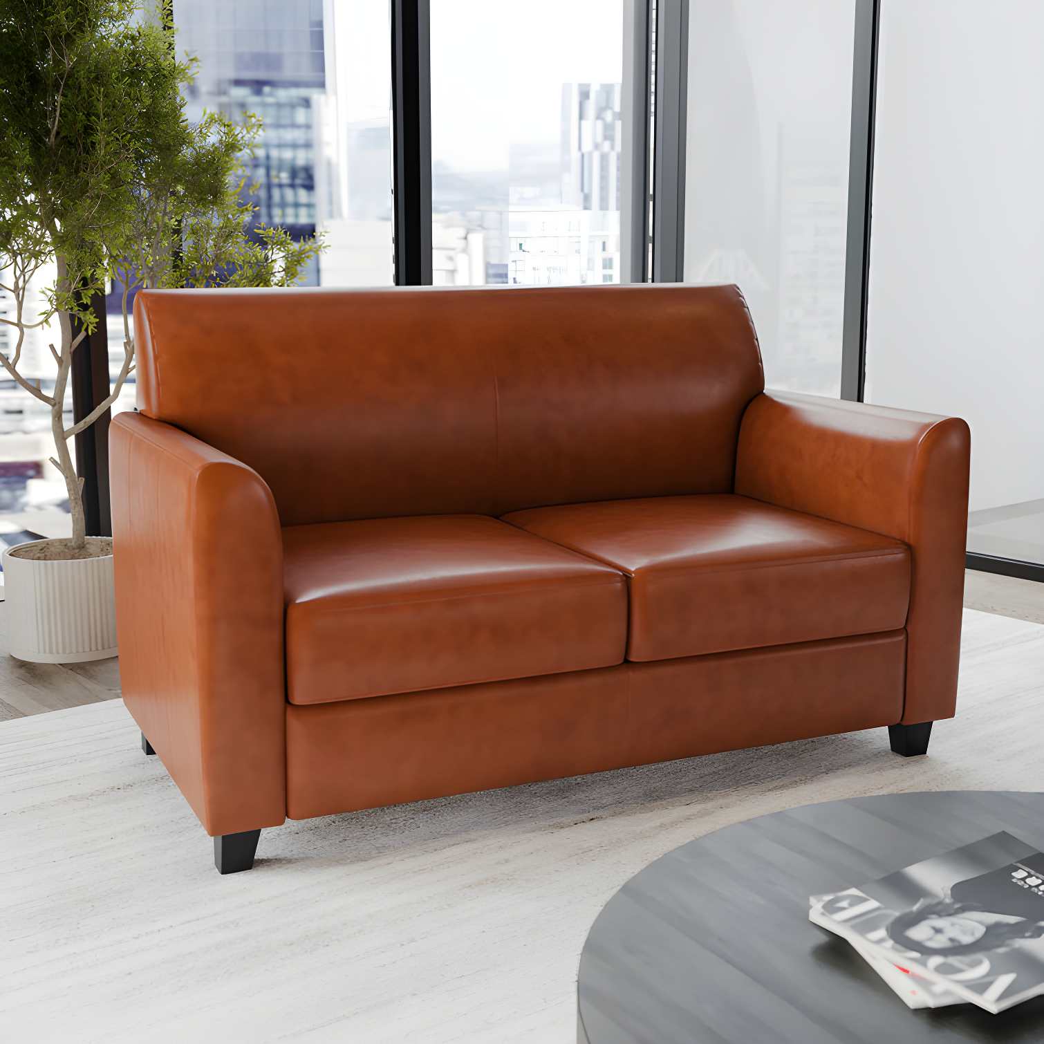 Cognac Faux Leather Flared Arm Reception Loveseat