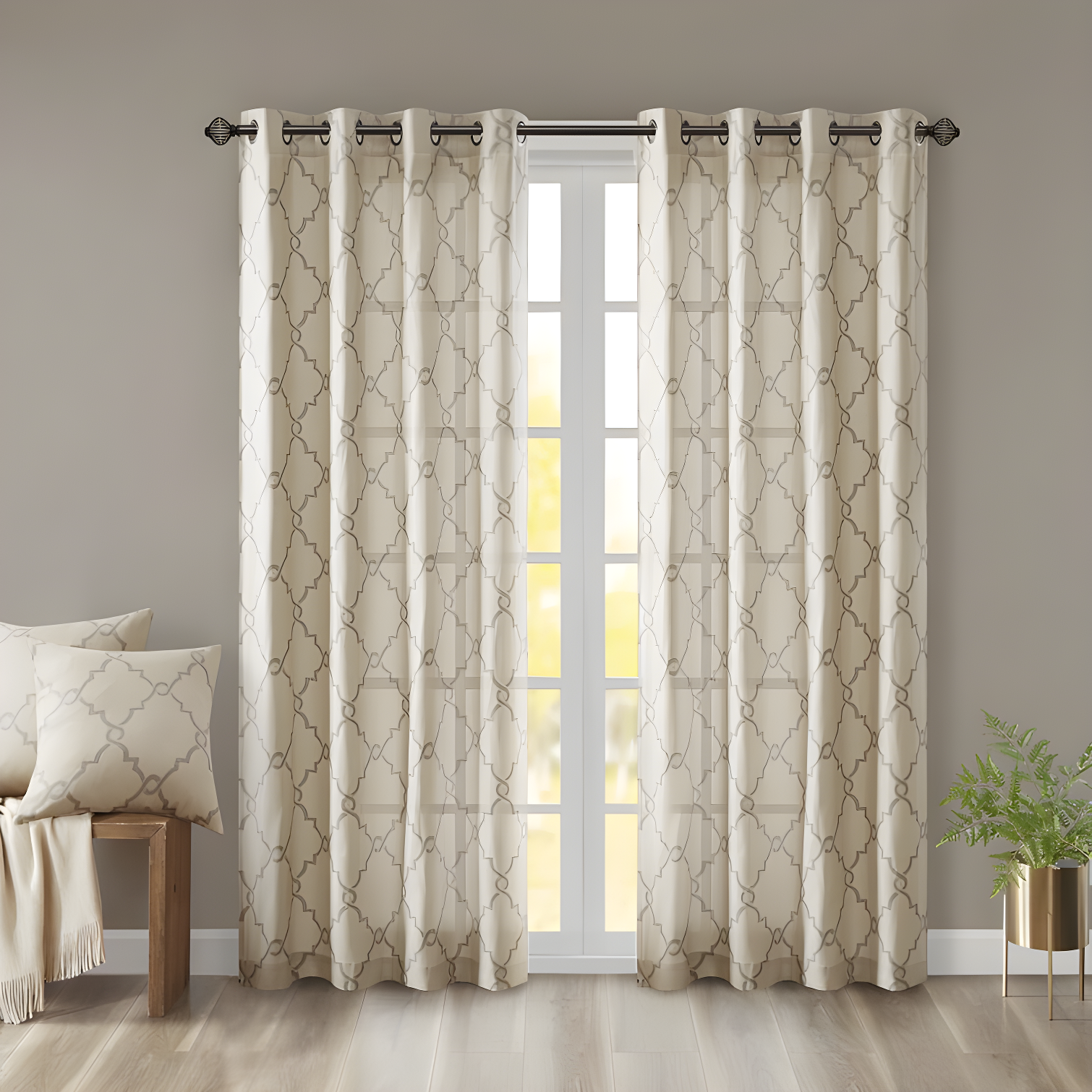 Beige and Grey Cotton Polyester Grommet Top Light Filtering Curtains