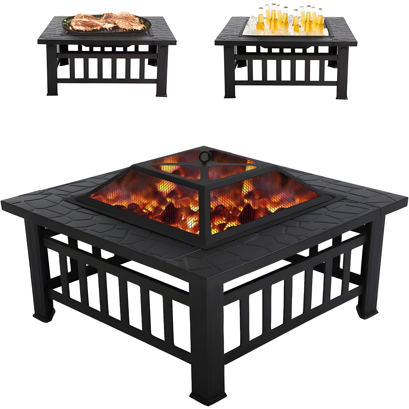 32-Inch Black Metal Fire Pit Table with Mesh Cover and Poker