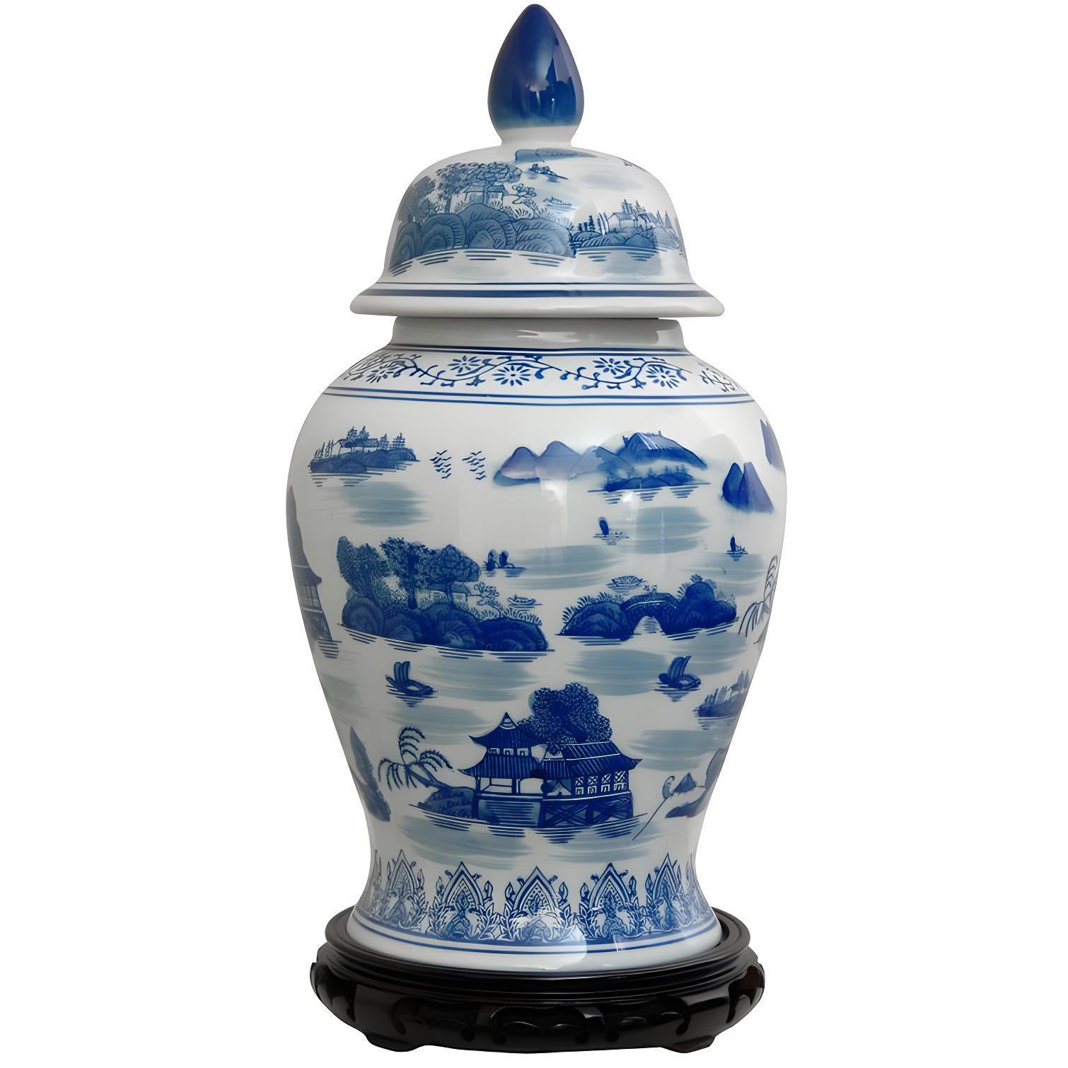 18" Blue and White Handcrafted Porcelain Temple Jar