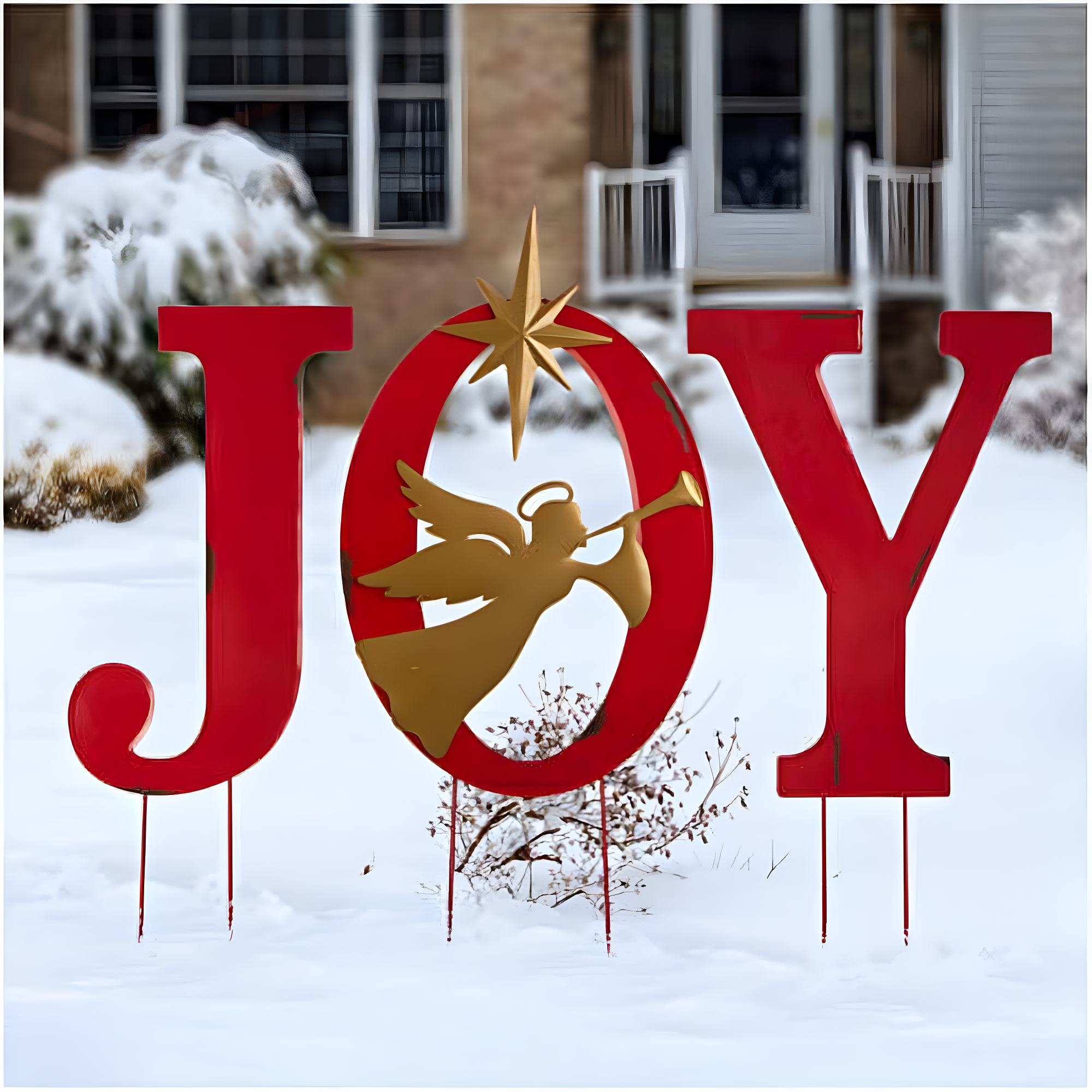 Festive Red and Gold Metal JOY Yard Stake with Angel