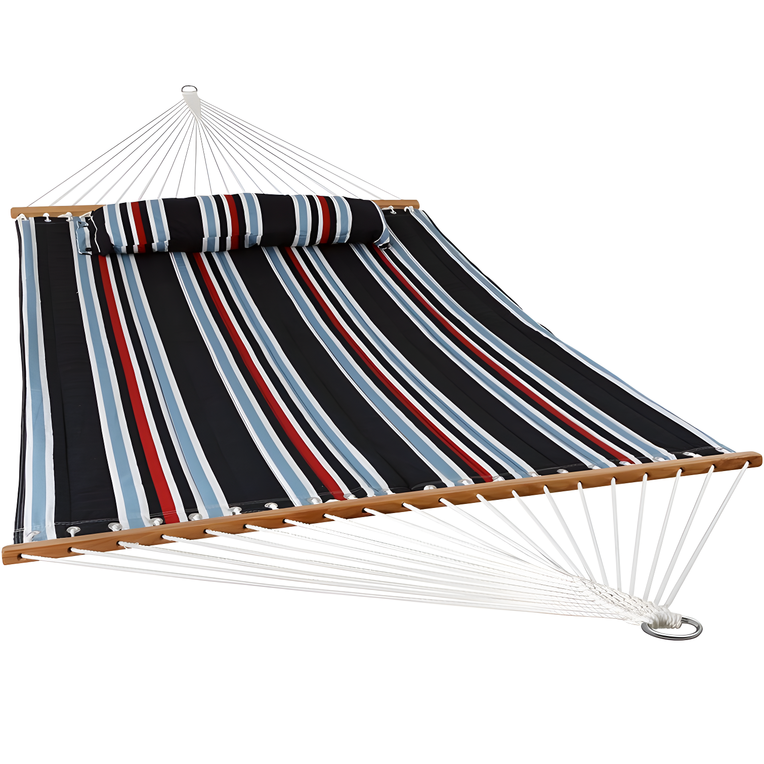 Nautical Stripe Blue and Red Quilted Polyester Hammock with Spreader Bars
