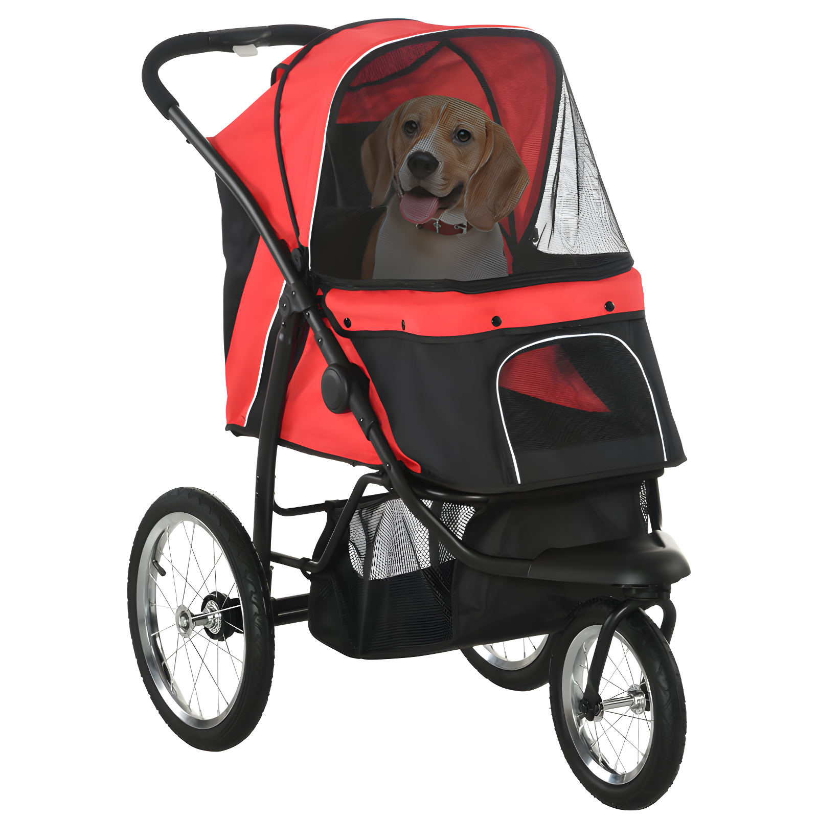 Red Foldable Pet Stroller with Adjustable Canopy and Storage Basket