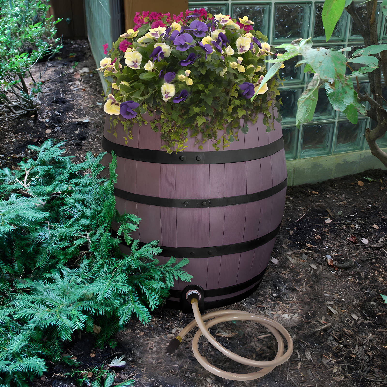 50-Gallon Brown Plastic Rain Barrel with Planter and Diverter Kit