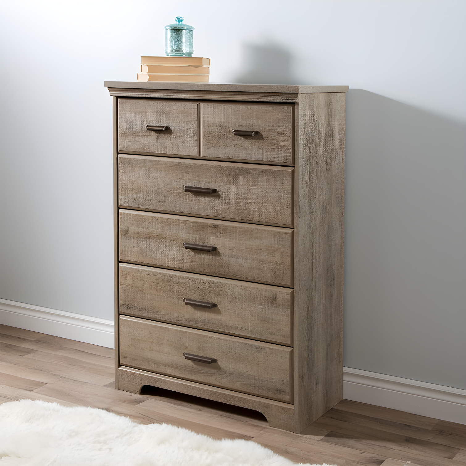 Weathered Oak Cottage 5-Drawer Chest with Metal Handles