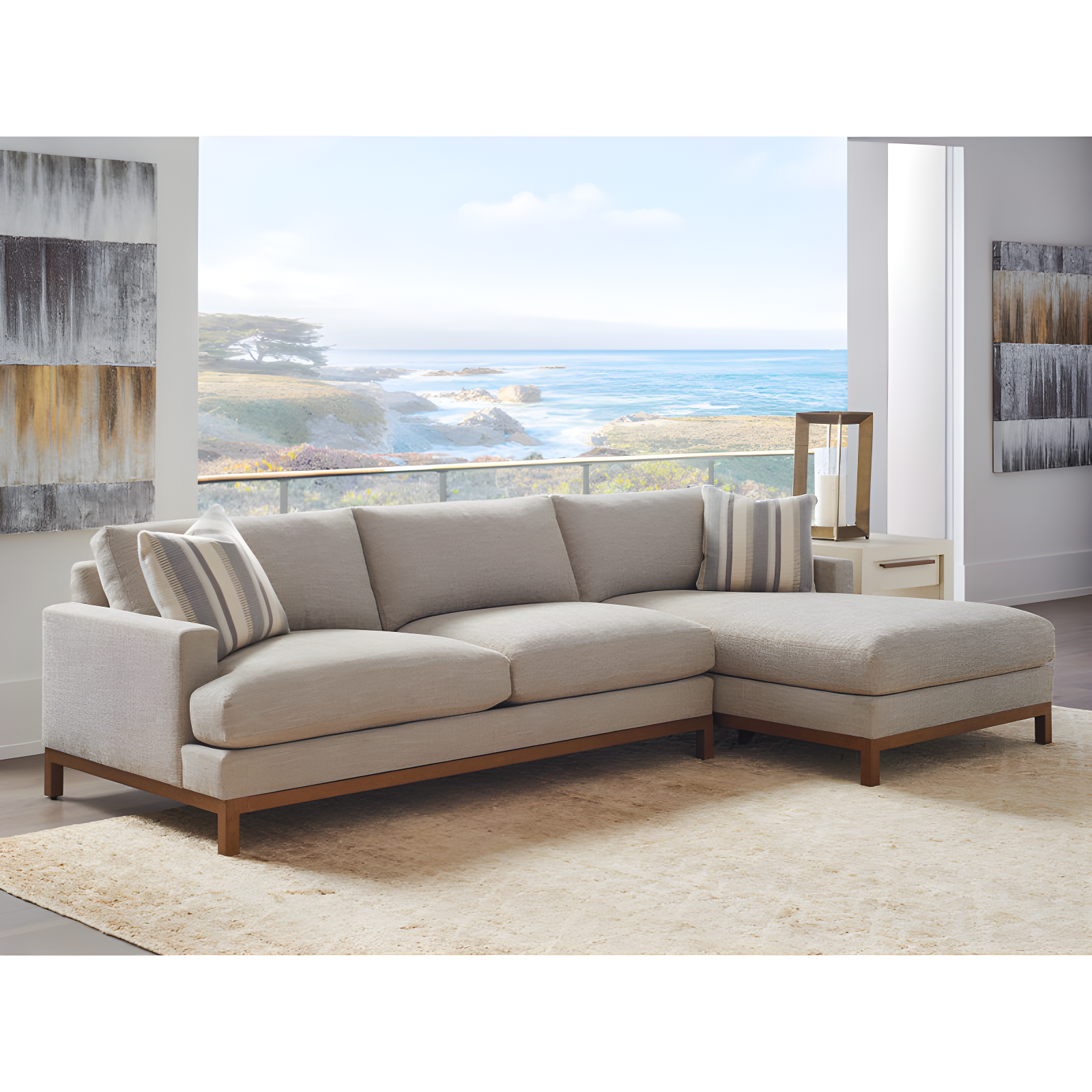 Taupe Fabric and Brass Metal Track Arm Sectional Sofa