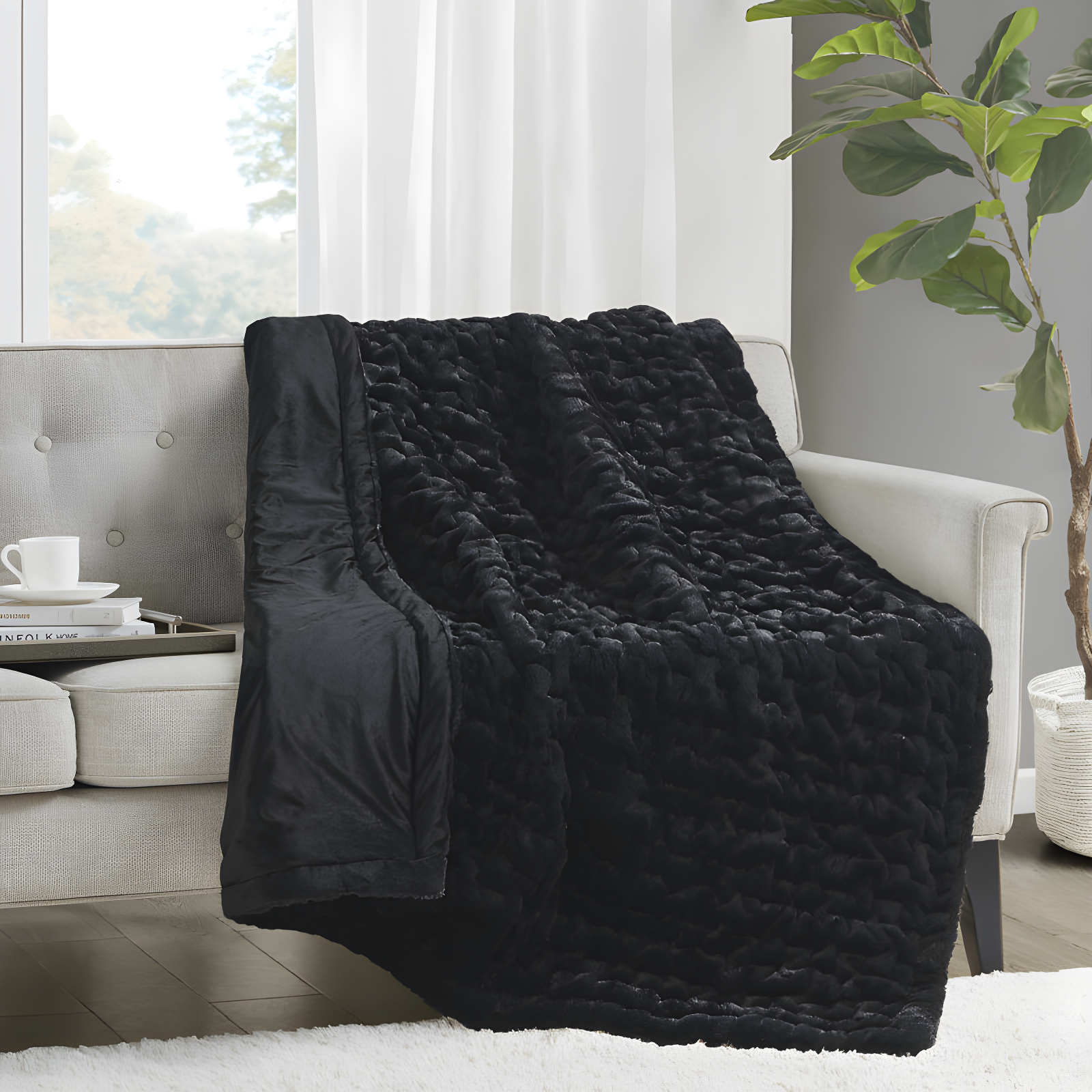 Luxurious Black Faux Fur 50"x60" Reversible Throw Blanket