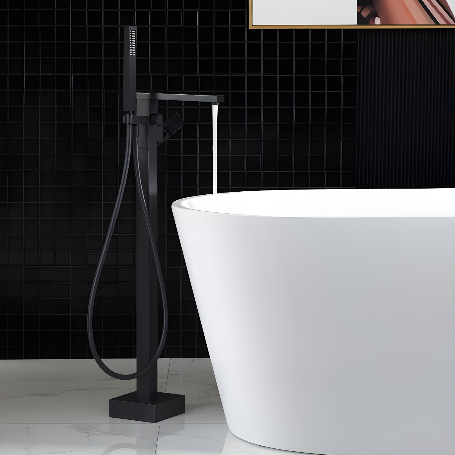 Matte Black Brass Freestanding Tub Filler Faucet with Hand Shower