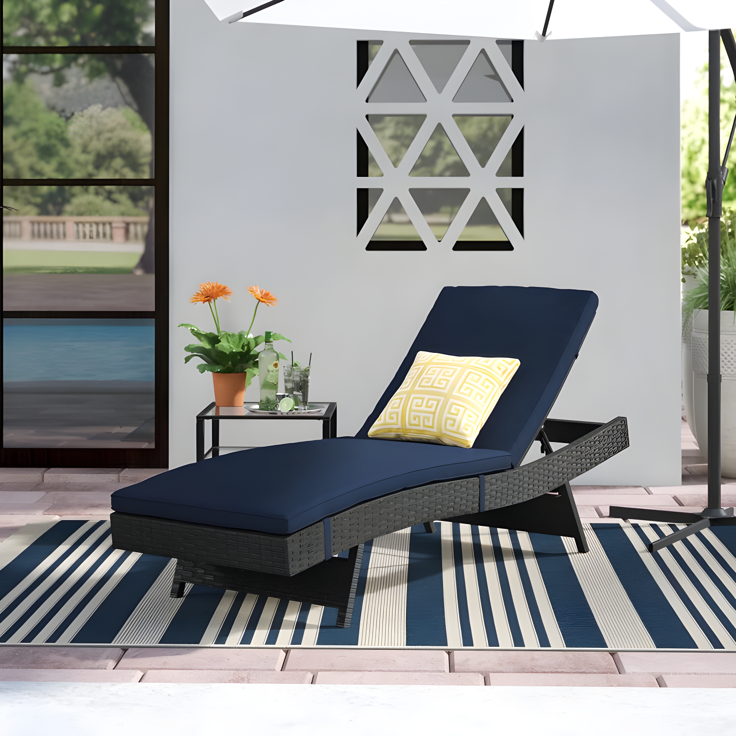 Navy Sunbrella Fabric and Wicker Outdoor Chaise Lounge