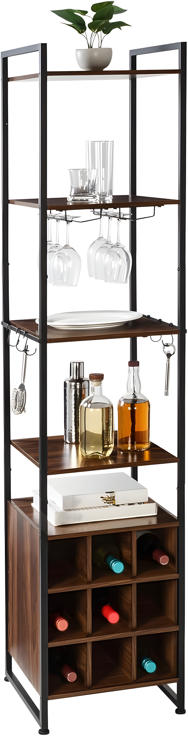 Black and Walnut Industrial Steel Wine and Bar Storage Tower