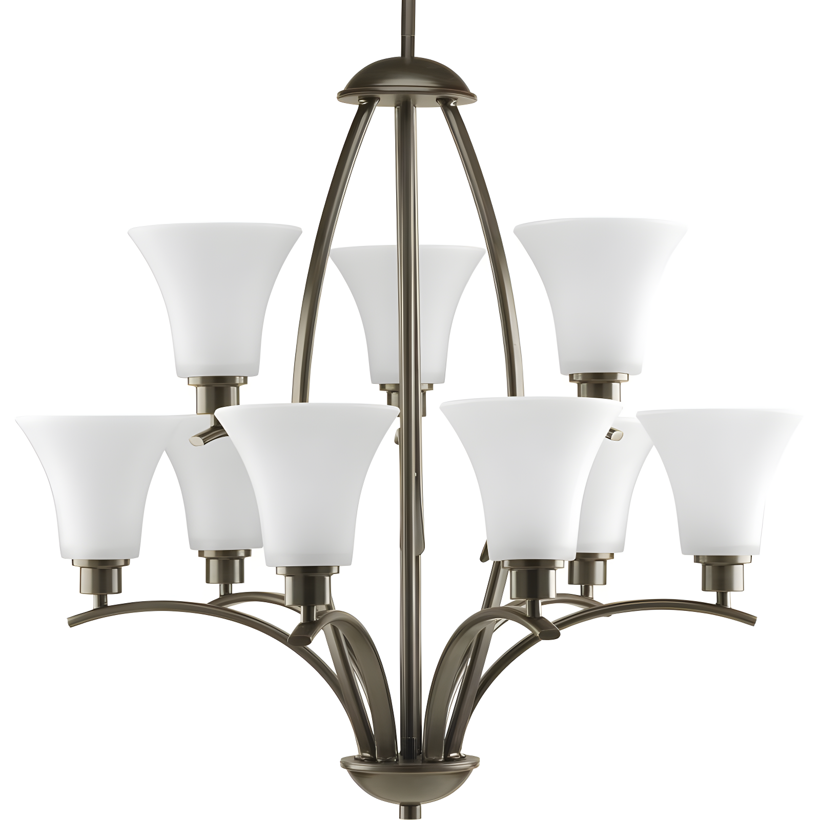 Antique Bronze Two-Tier Chandelier with Etched White Glass Shades