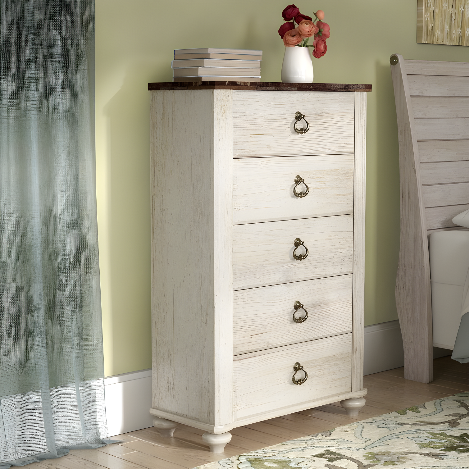 Willowton Coastal White and Brown 5-Drawer Chest