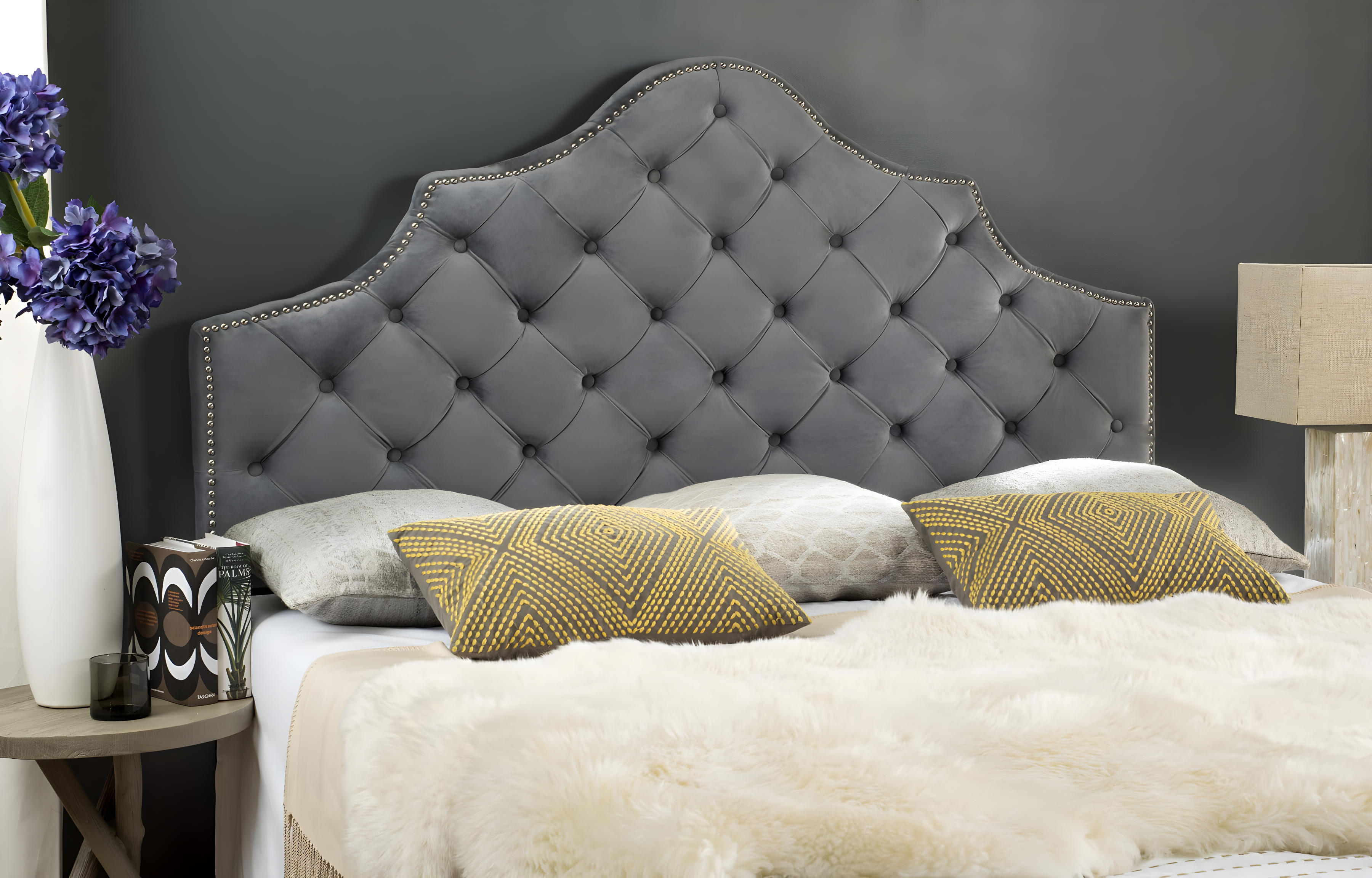 Elegant Pewter Tufted Velvet Full Headboard with Nailhead Accents