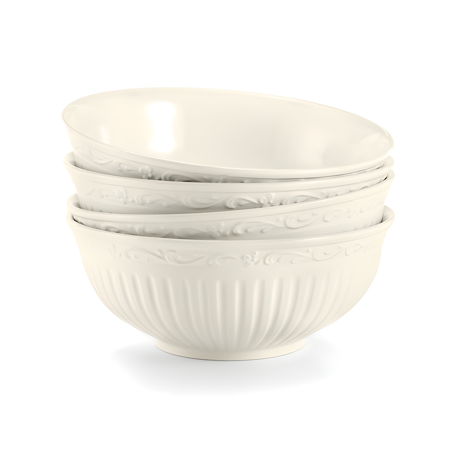 Italian Countryside White Ceramic Ridged Bowls, Set of Four