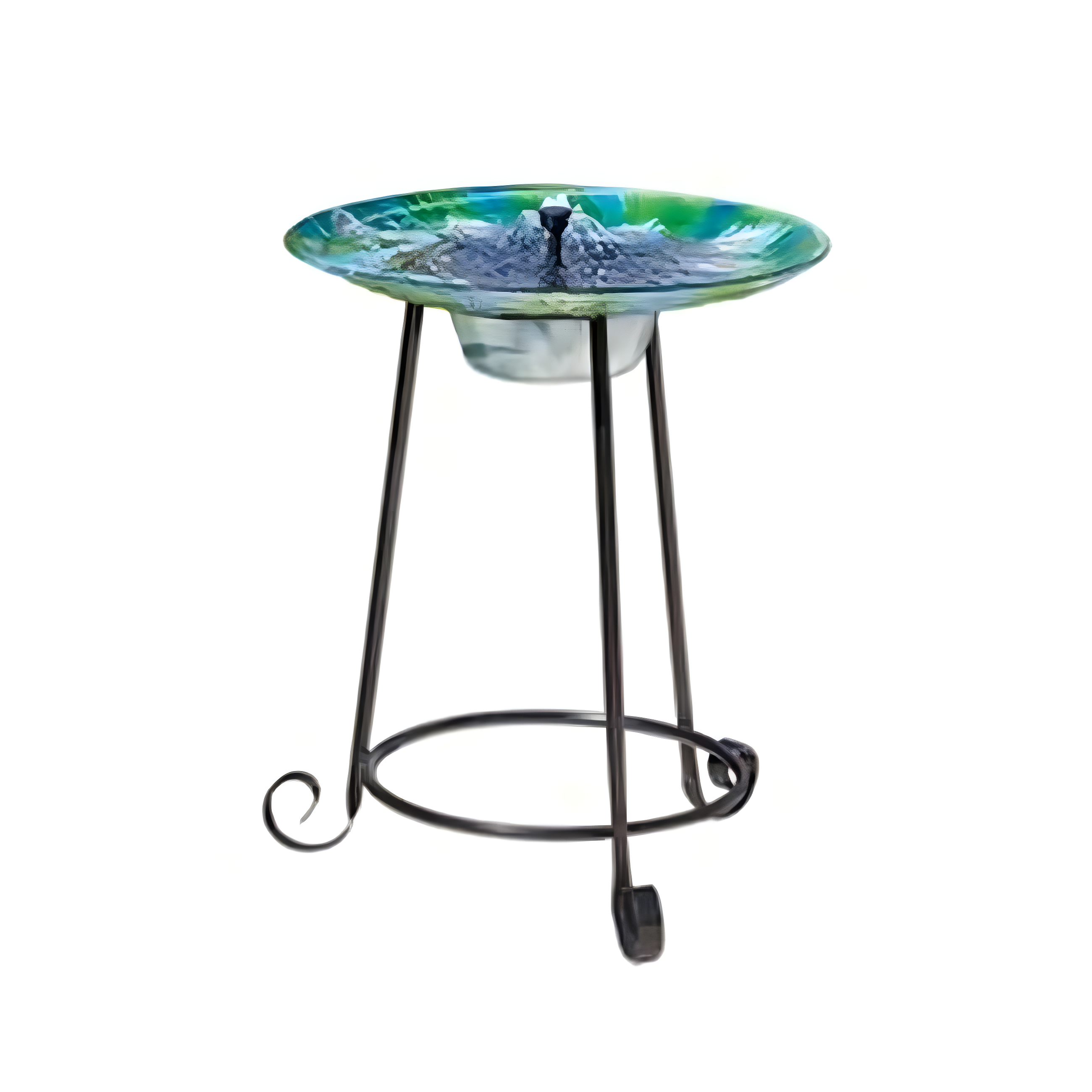 Hand-Painted Peacock Glass Solar Bird Bath with Metal Stand