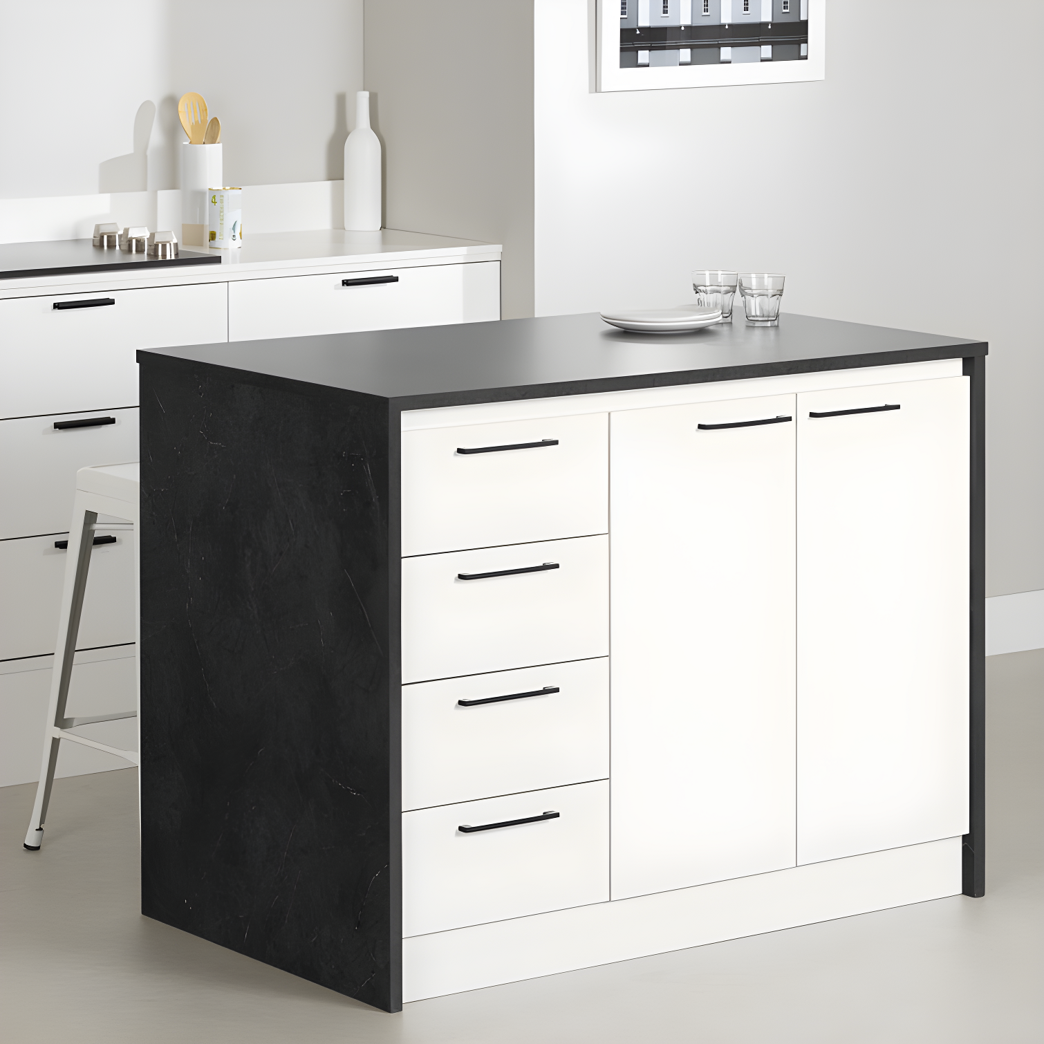 Myro 47'' Faux Black Stone & White Compact Kitchen Island