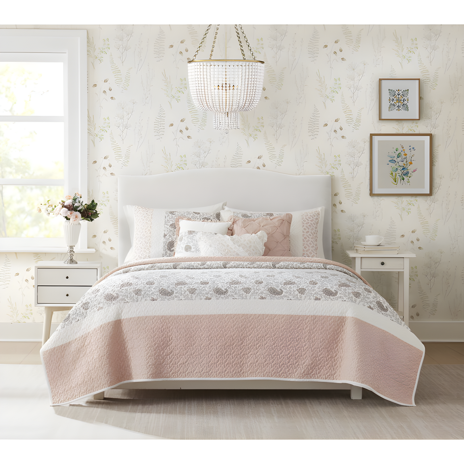 Blush King Cotton Reversible Quilt Set with Decorative Pillows