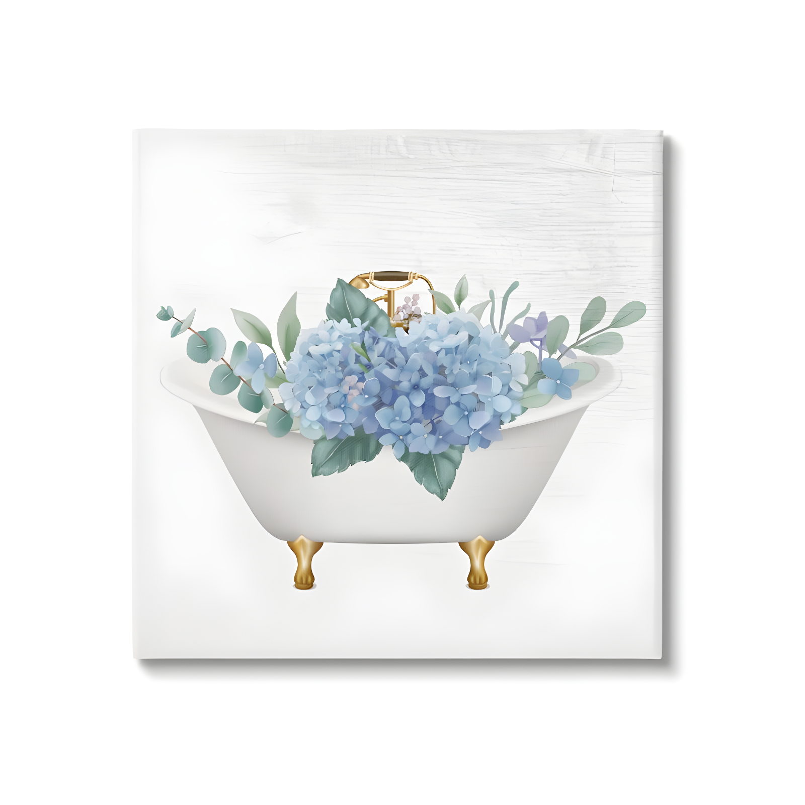 24'' Square White and Blue Botanical Bathtub Canvas Wall Art