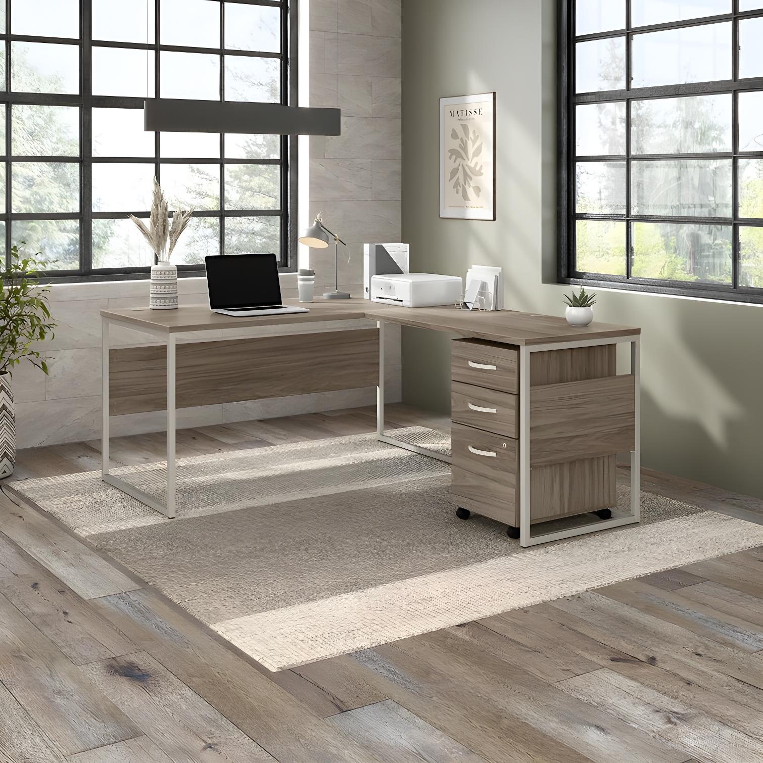 Modern Hickory L-Shaped Computer Desk with Filing Cabinet