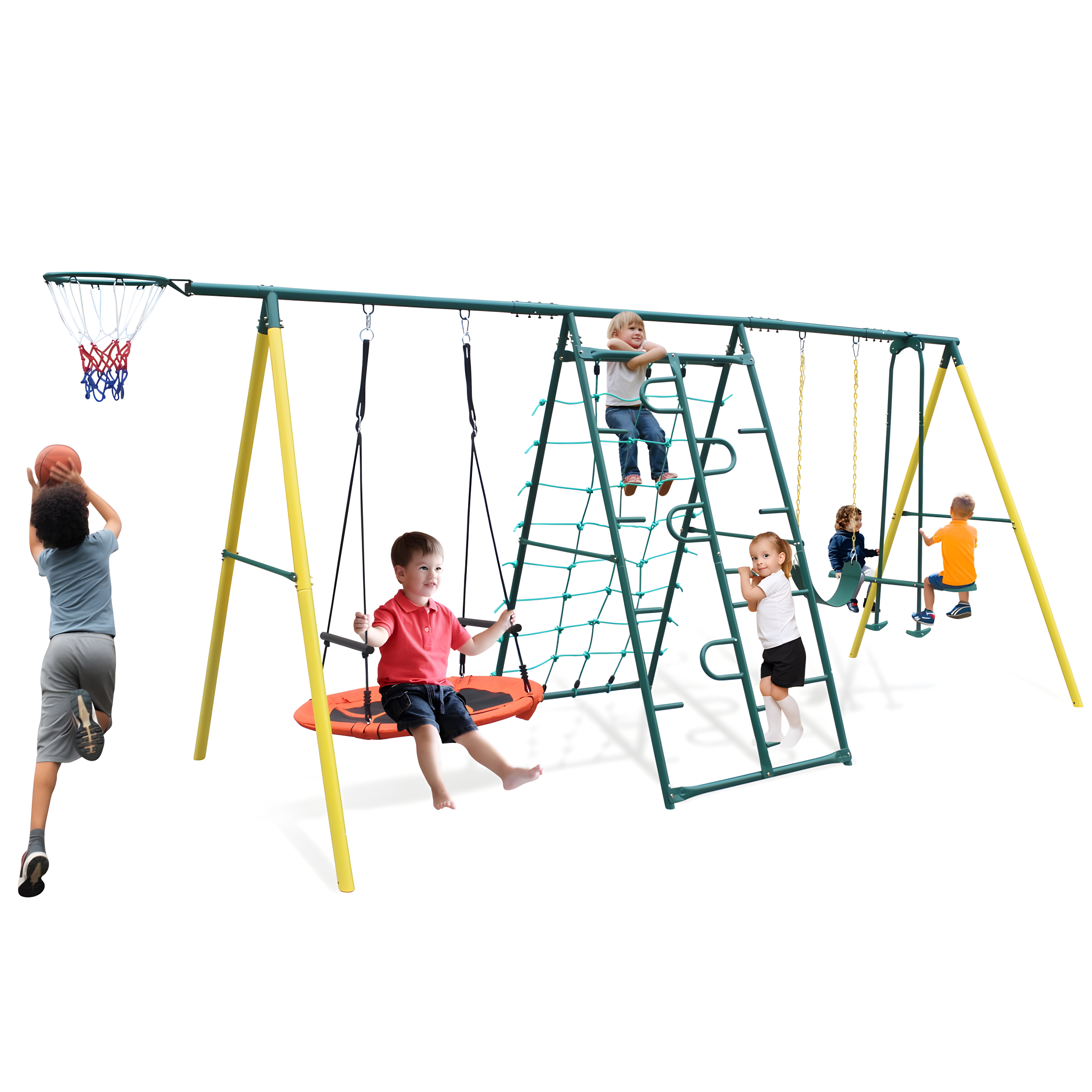 6-in-1 Multi-Color Metal Swing Set with Climbing Frame and Basketball Hoop