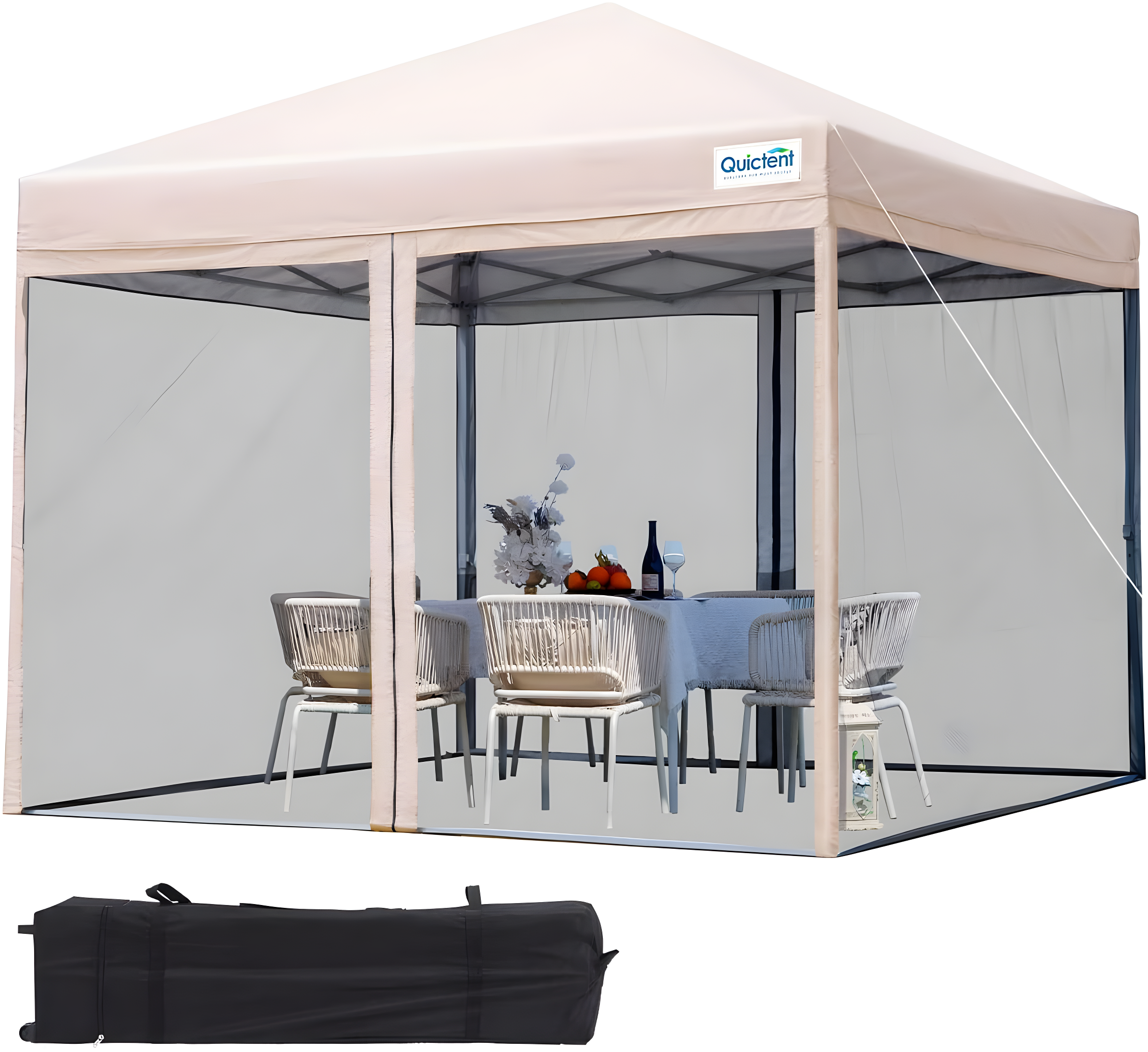 Tan 8'x8' Pop-Up Canopy Tent with Mosquito Netting and Carry Bag