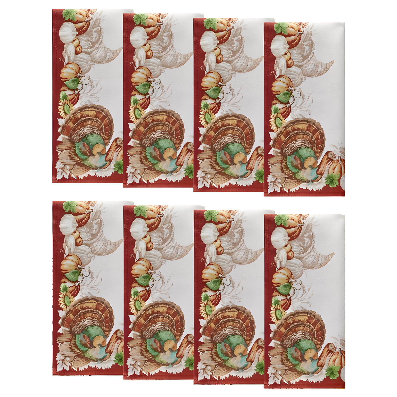 Holiday Turkey Bordered Fall Napkins, Set of 8 - 17" x 17" - White/Red