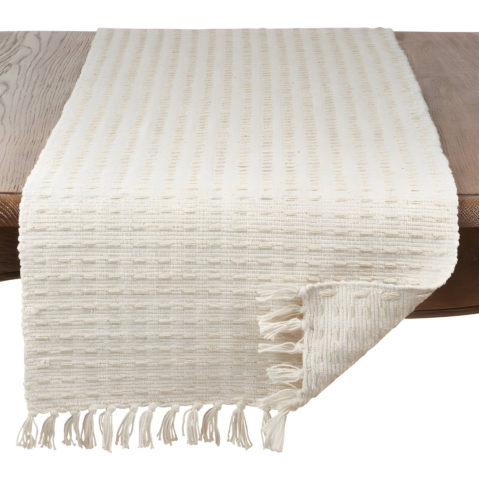 Natural Cotton Dashed Woven Table Runner with Tassels